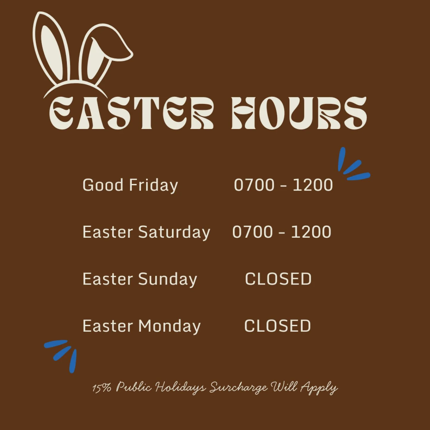 A little shift in hours for the Easter weekend 🐣
Closed Sunday &amp; Monday, back to regular hours from tuesday ☕️ Happy Easter! We hope you get lots of chocolate.