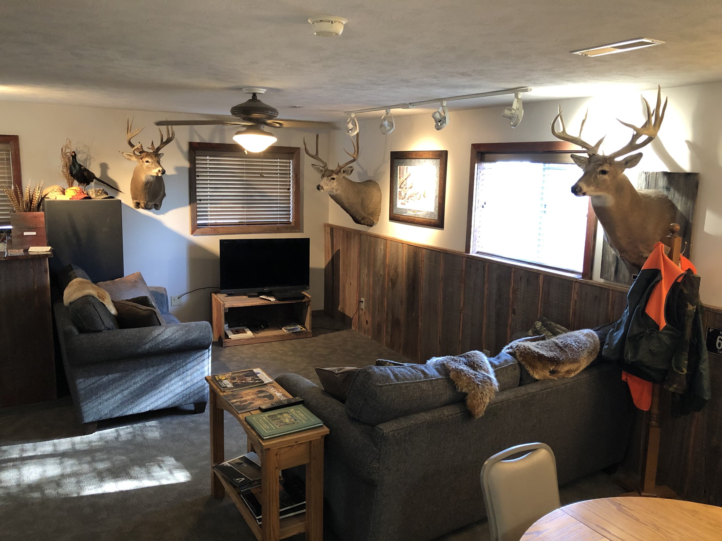 Lodging for our all inclusive Wyoming guided waterfowl hunt with a Living room with four mounted deer heads, a television, a sofa, and a gray armchair, with windows allowing natural light to enter.