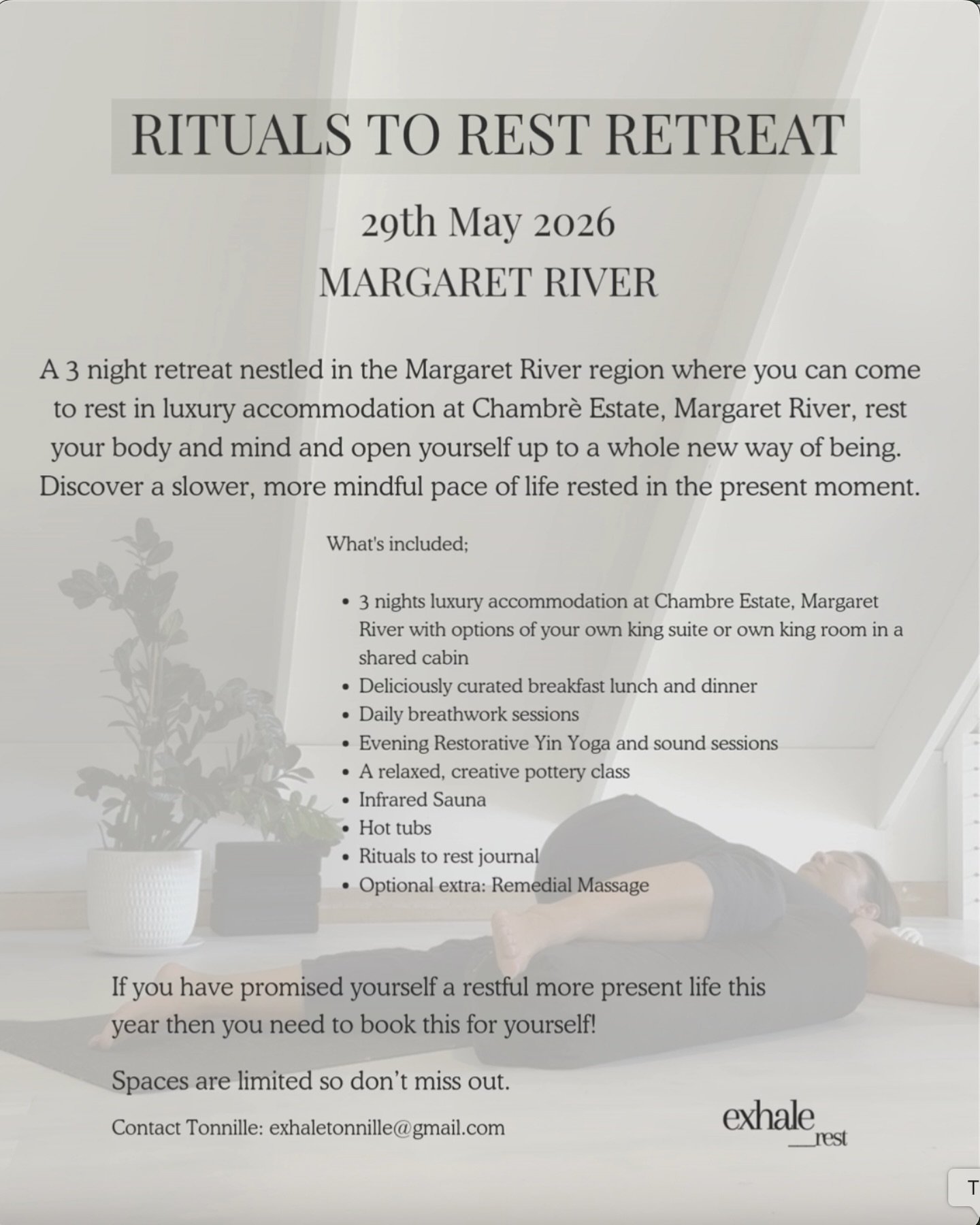Join me in Margaret River for a 3 night &lsquo;Rituals to Rest Retreat&rsquo; 29th May 26.

Encompassing all the elements of rest, mindfulness, nervous system regulation with gentle Breathwork and restorative yoga, embrace your creative spirit with a