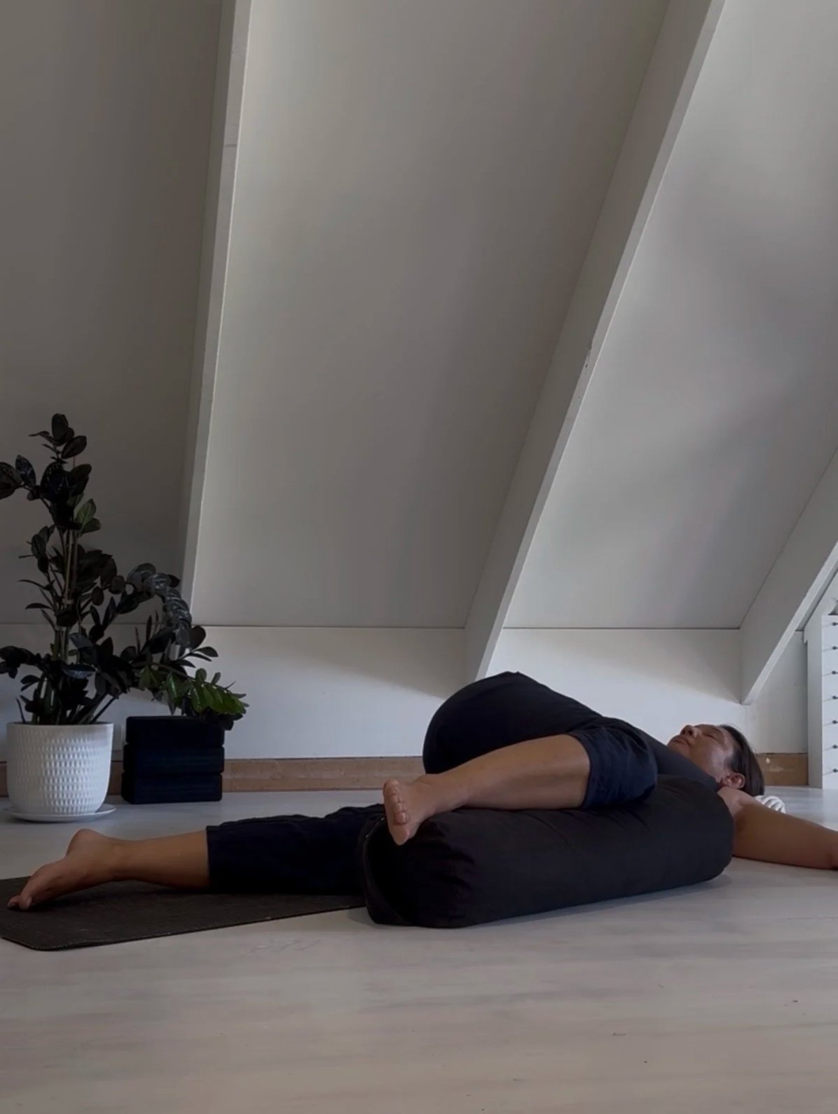 Person practicing yoga on a black mat in a room with a potted plant and a black speaker, performing a reclined hamstring stretch.