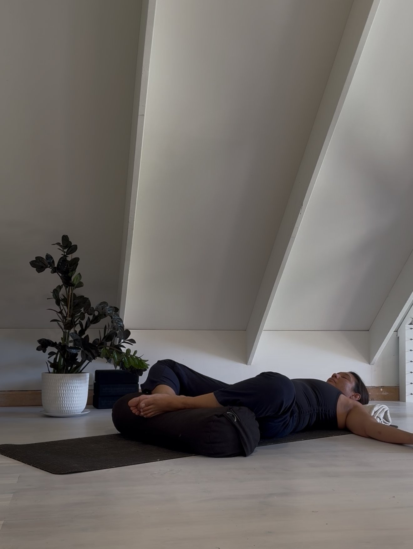 Person lying on a yoga mat in a yoga pose in a room with slanted ceiling and a potted plant.