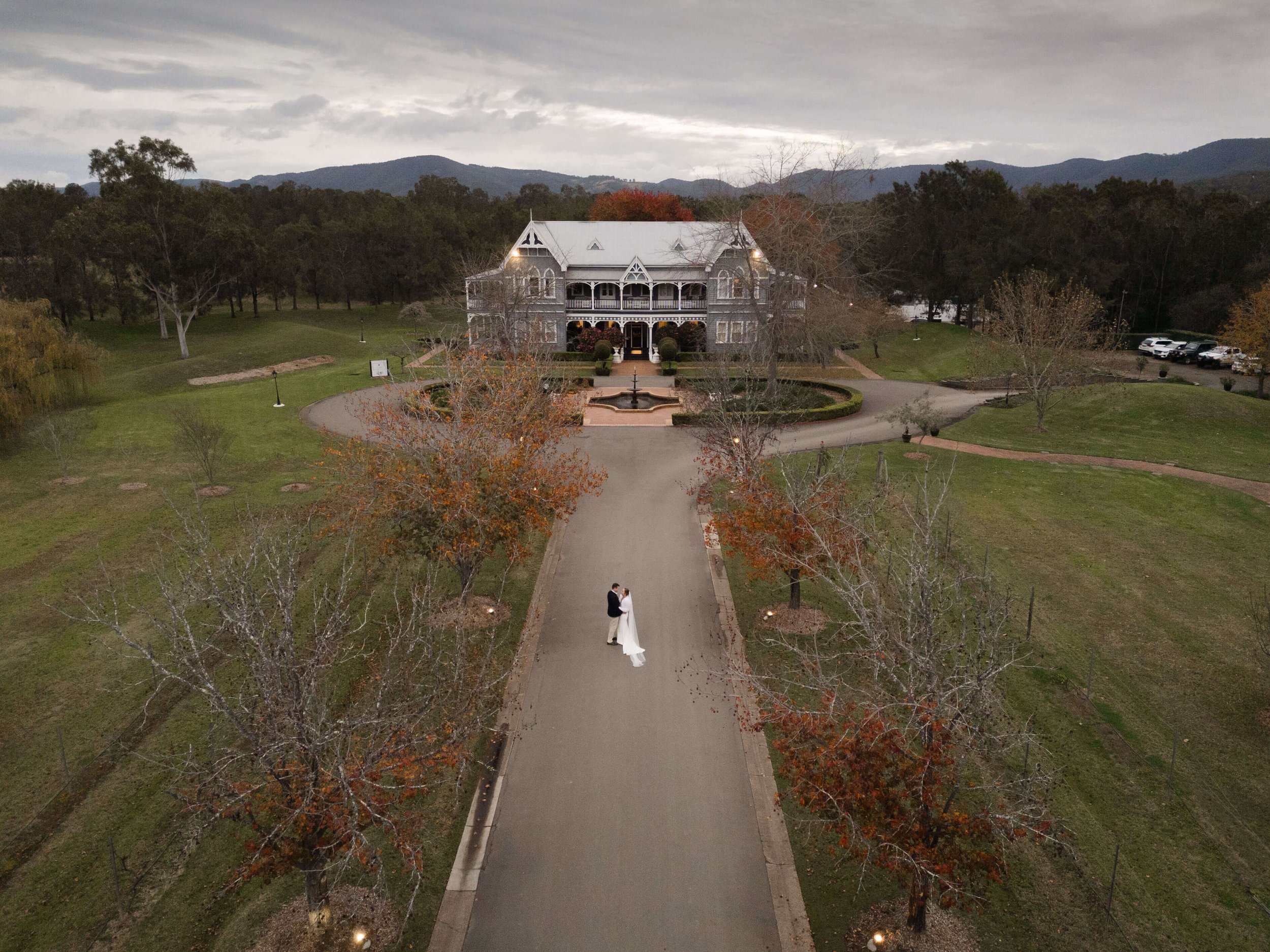 Sunset in the driveway circa 1876 winter wedding