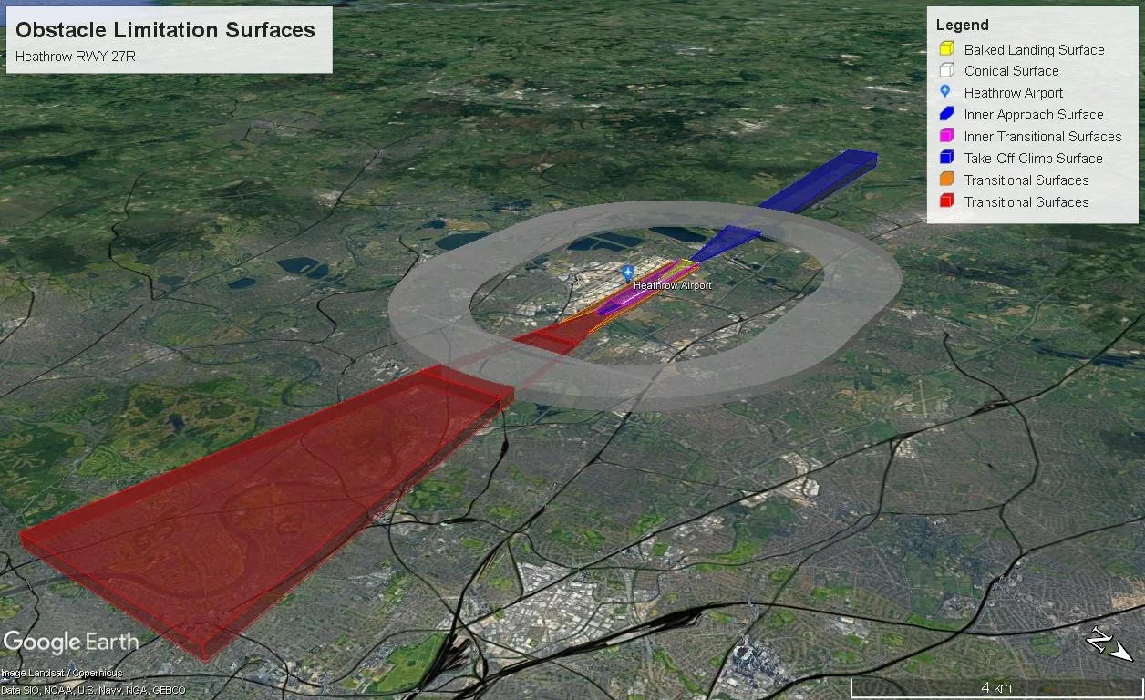 Computer generated airline approach on a Google map into London Heathrow airport