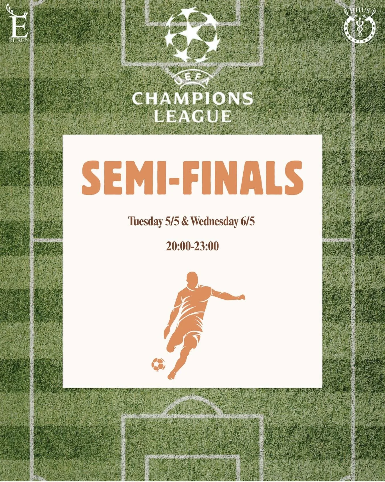⚽️Champions League x2⚽️

This week, we&rsquo;re showing both Champions League semi-finals here at E-puben 😍

Come and cheer on the team you want to see in the final at the end of May! 🧡📺

Bring your friends and join us on Tuesday and Wednesday for