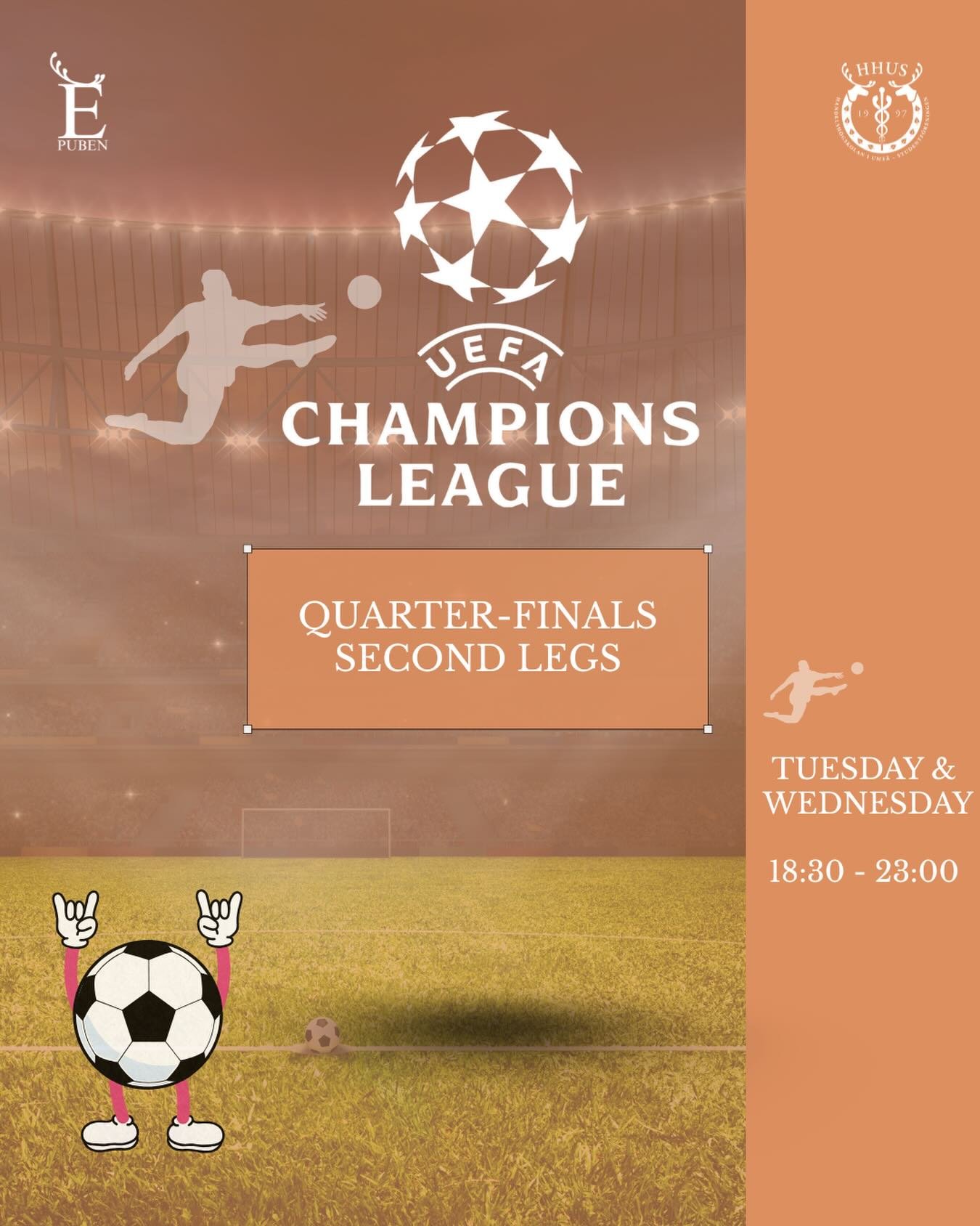 💫Champions League x2💫

Two nights in a row of Champions League as the quarter-finals second legs continue 😍

Bring your friends and join us at E-puben on Tuesday and Wednesday to watch the games together 📺

When? 14/4 &amp; 15/4
Time? 18:30&ndash