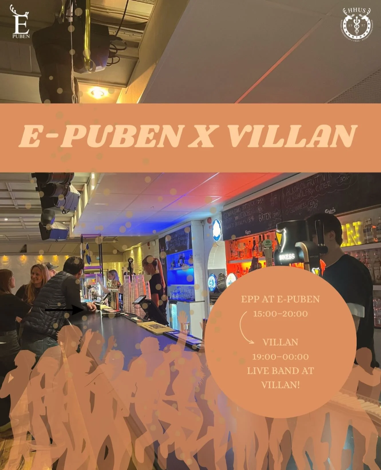 🙌E-puben x Villan🙌

This night, we&rsquo;re teaming up with Villan for a longer night and twice the fun ❤️&zwj;🔥

Grab a pre-drink, hang out with friends and get the night started here at E-puben!🧡
 Then we head over to Villan to keep the party g