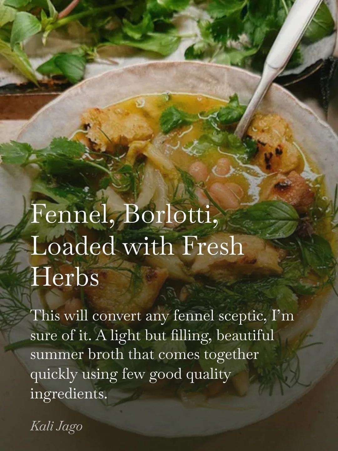 FENNEL &amp; BORLOTTI BROTH with plenty of @citizensofsoil making the dish sing. 

Quick, easy and packing flavour with beautiful fresh herbs and a sort of confit / steam on the fennel, it&rsquo;s melt in the mouth.

Recipe on my substack. 

Comment 