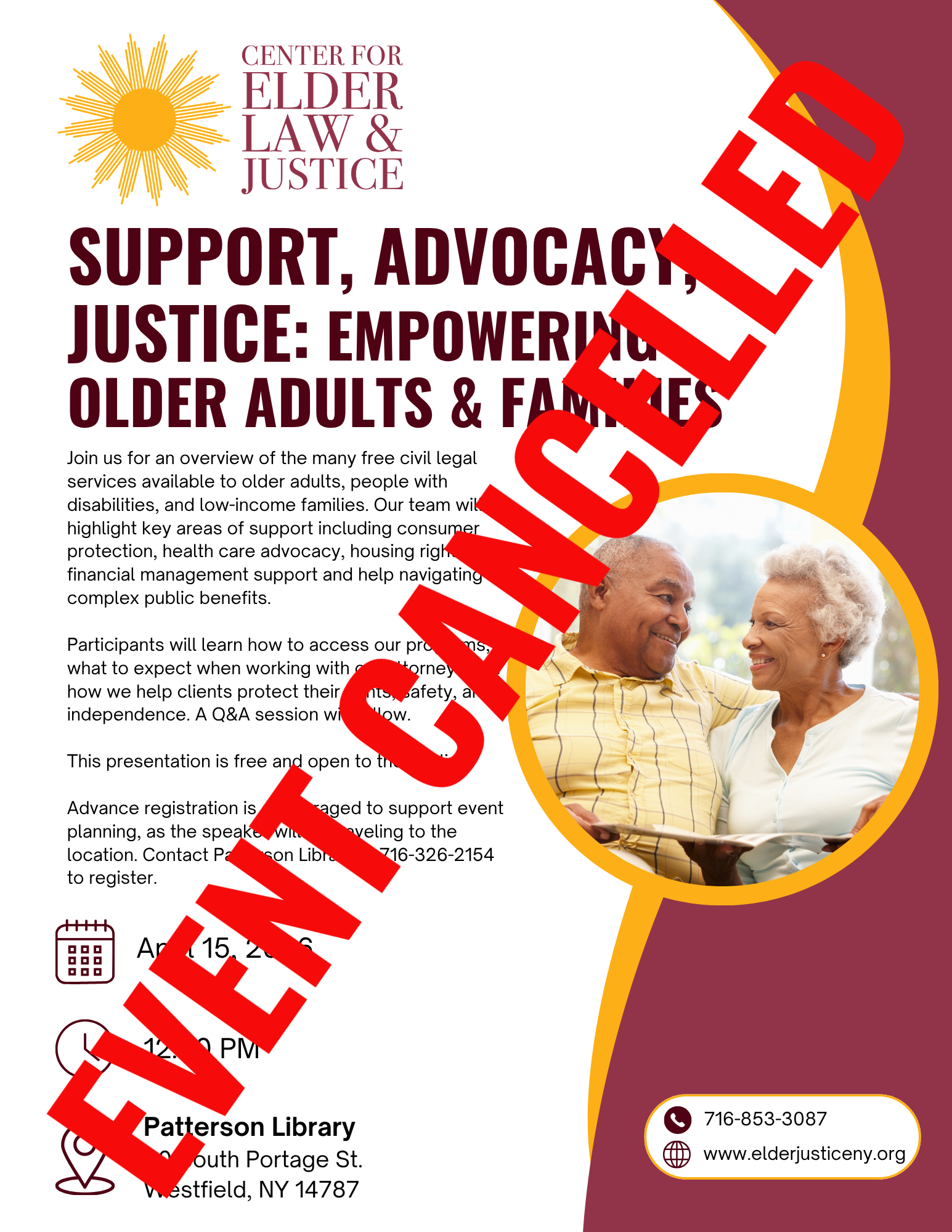 EVENT CANCELLED:  Support, Advocacy, Justice: Empowering Older Adults &amp; Families