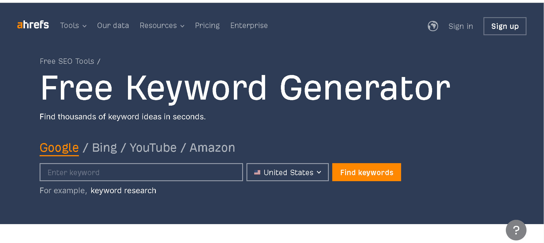 A screenshot of a free keyword generator tool from ahrefs.