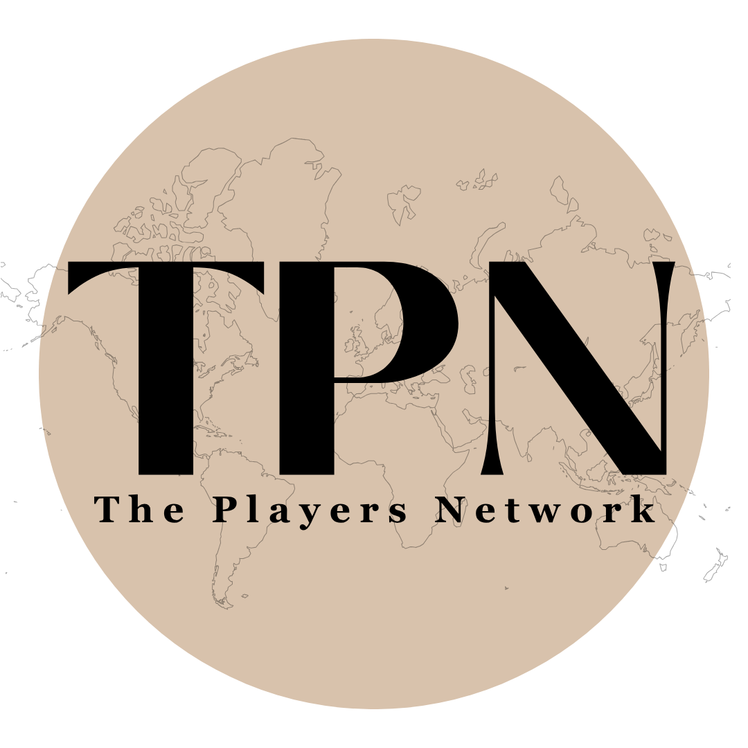 Logo with the acronym 'TPN' in large black letters, with 'The Players Network' written below, over a world map in beige.