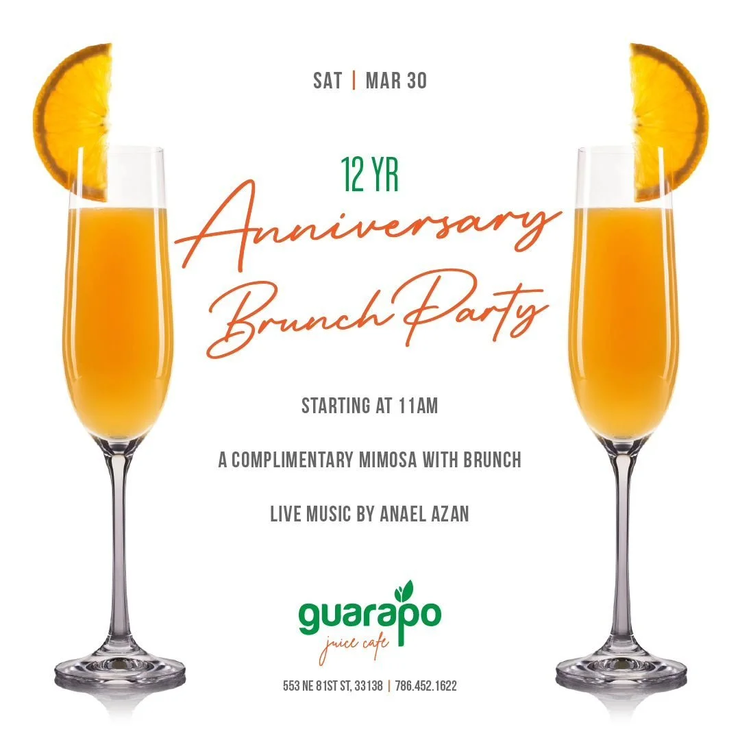 Come celebrate with us March 30th and enjoy a complimentary mimosa with your brunch while Anael Azan entertains you with her amazing voice.
Hope to see you here at Guarapo Cafe
