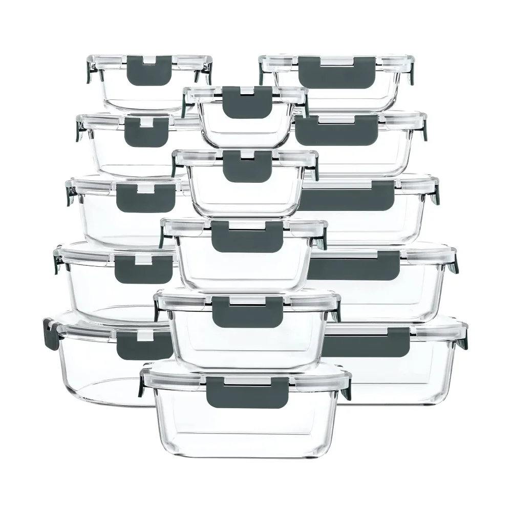 Stacked clear glass food containers with snap-lock lids
