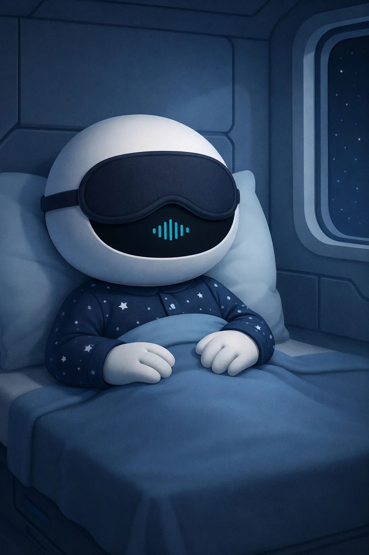 Robot sleeping in a spaceship bed, wearing star-pattern pajamas and an eye mask