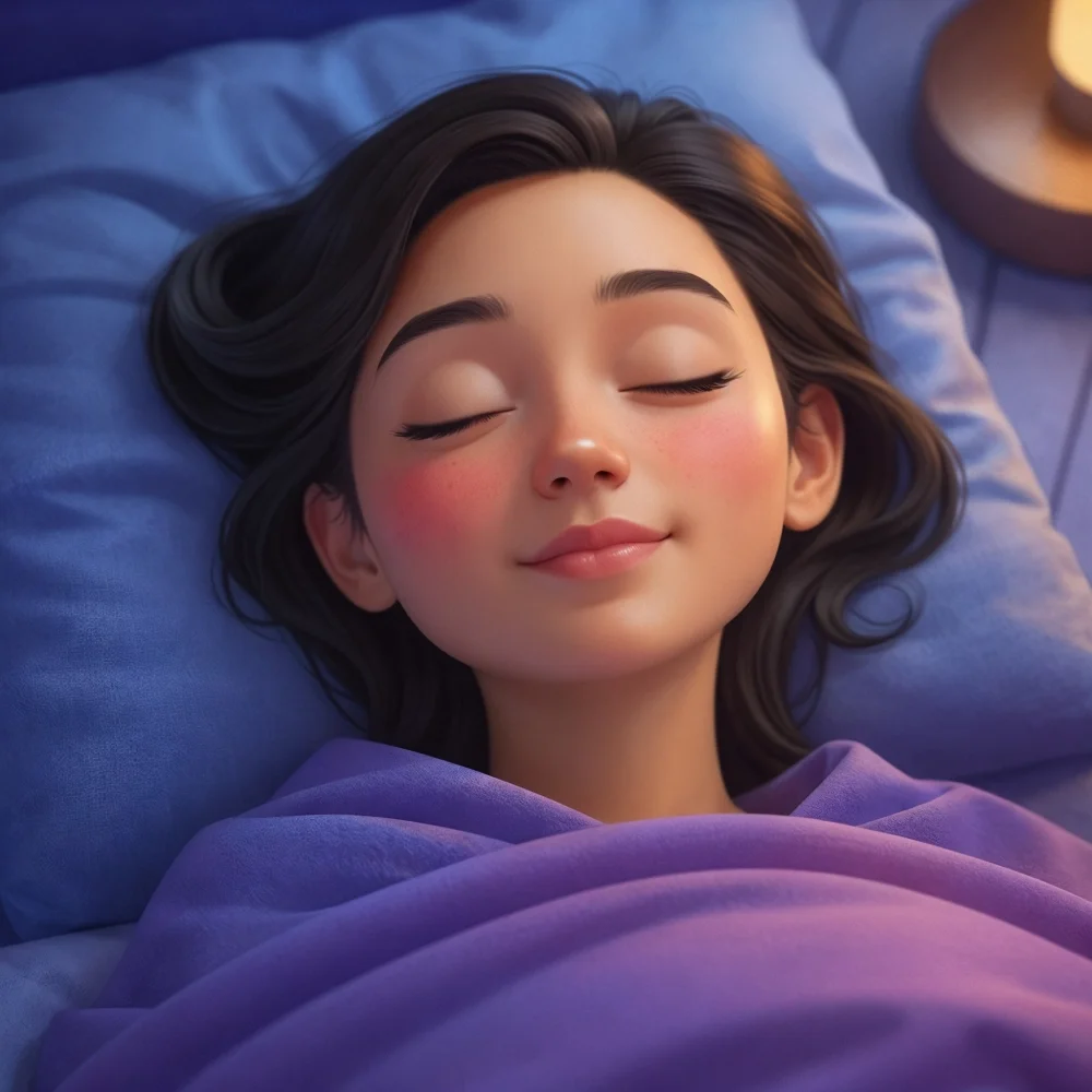 A woman with closed eyes lies peacefully on a blue pillow, representing restorative sleep and the patchOS Sleep Deep habit.