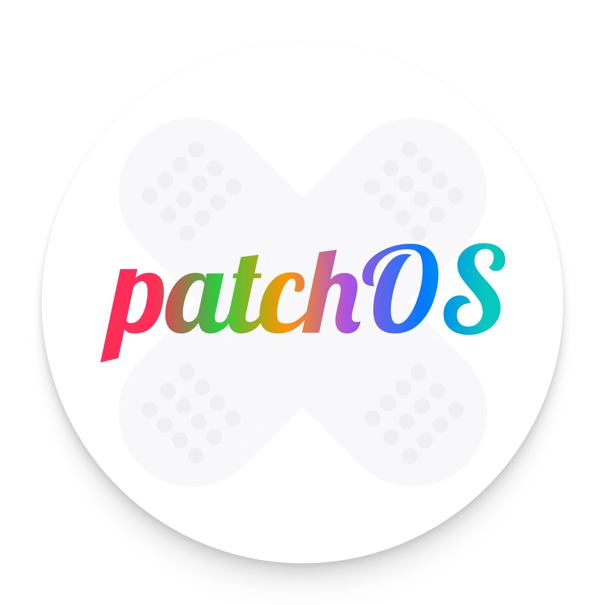  patchOS logo with colorful gradient text over a white circle and faint bandage cross design. 