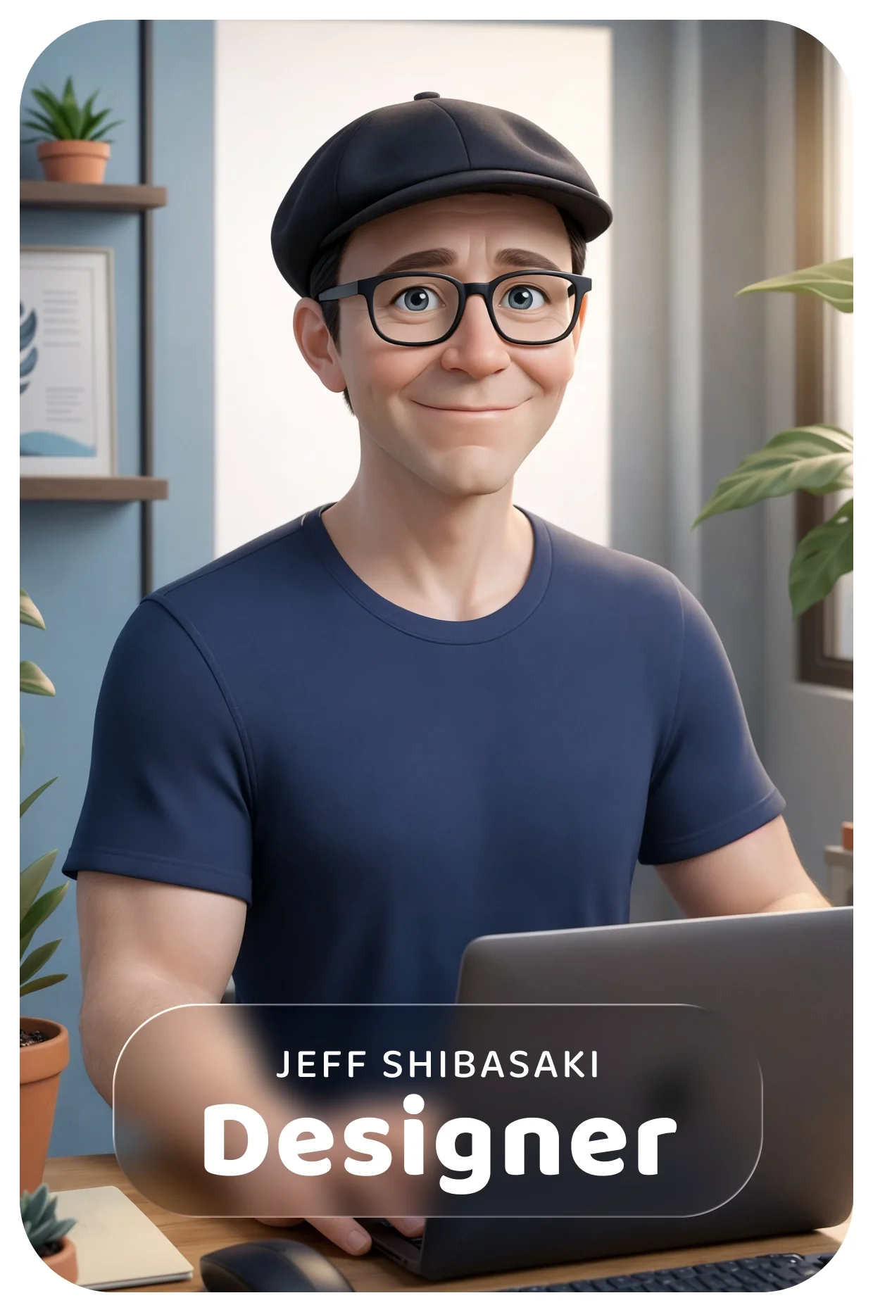  Jeff Shibasaki as a Designer, sitting at a desk with a laptop in a bright workspace, focused and creative 