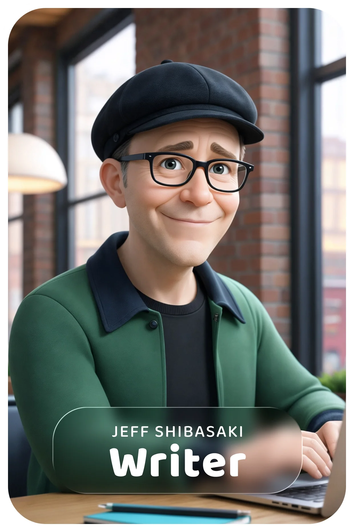  Jeff Shibasaki as a Writer, seated at a desk near a window, wearing a cap and glasses while working thoughtfully 