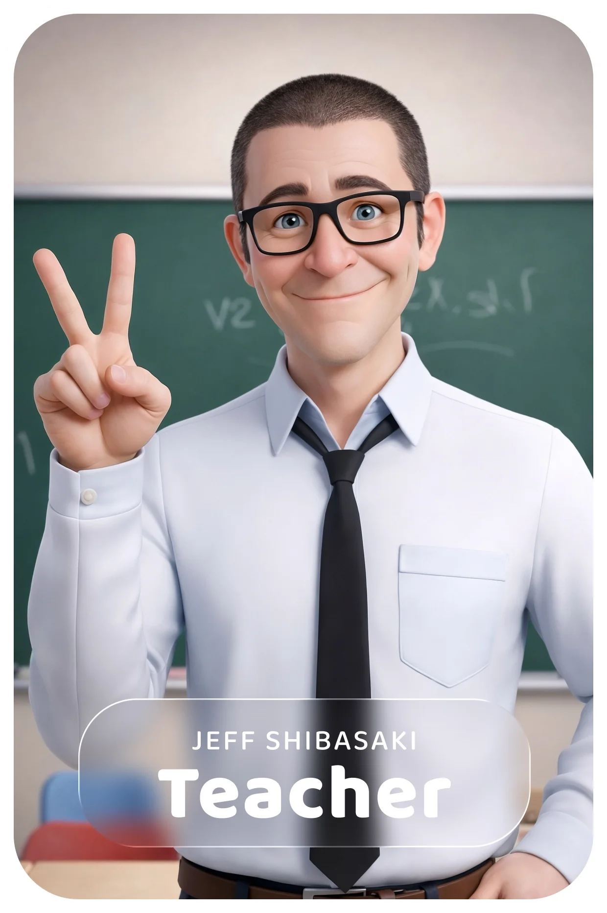  Jeff Shibasaki as a Teacher, standing in front of a chalkboard and holding up two fingers, signaling instruction and clarity 