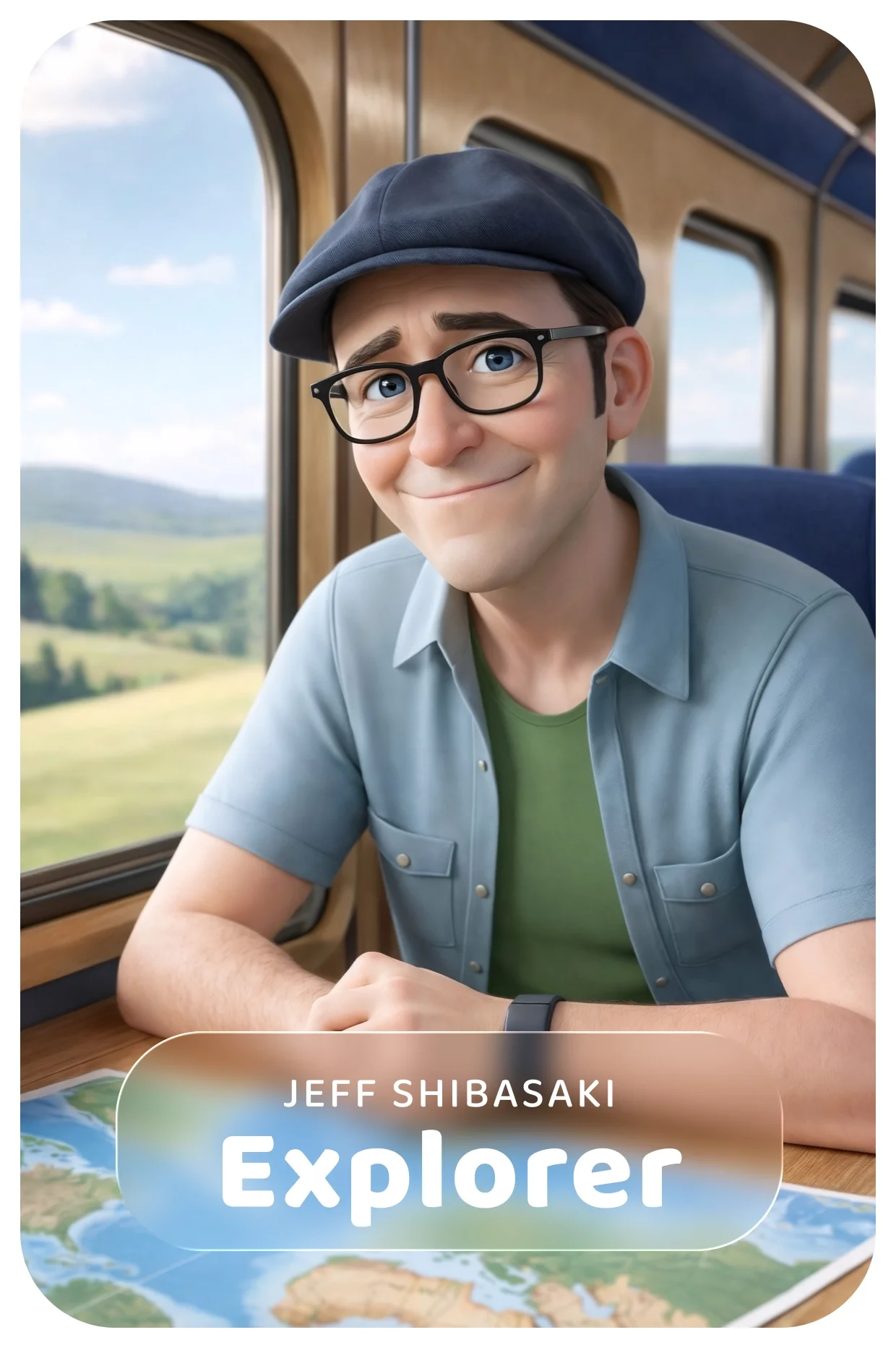  Jeff Shibasaki as an Explorer, seated on a train with a map visible, symbolizing travel and discovery 