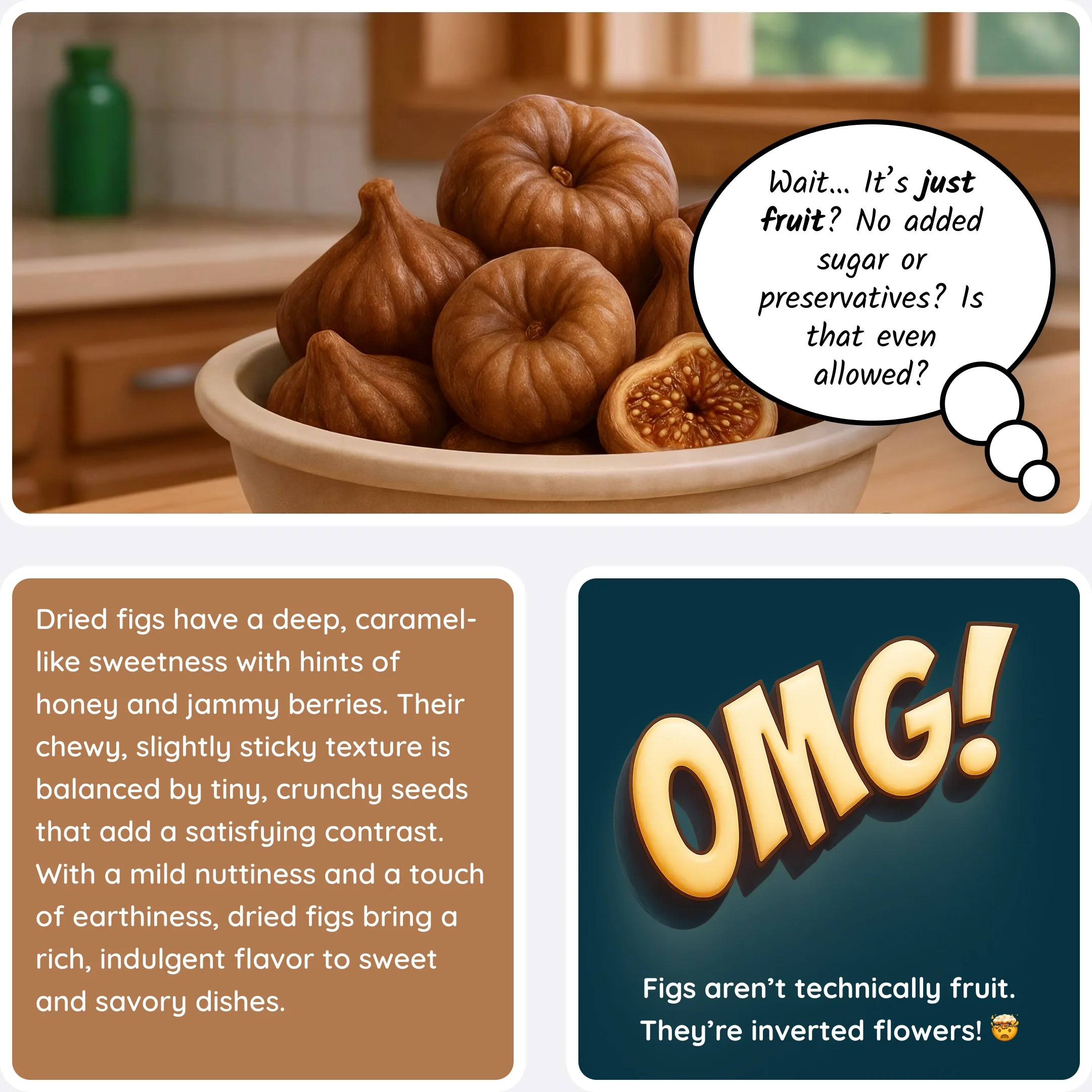  Bowl of dried figs on a kitchen counter with a thought bubble questioning added sugar, plus a bold “OMG!” graphic with text about figs being inverted flowers. 