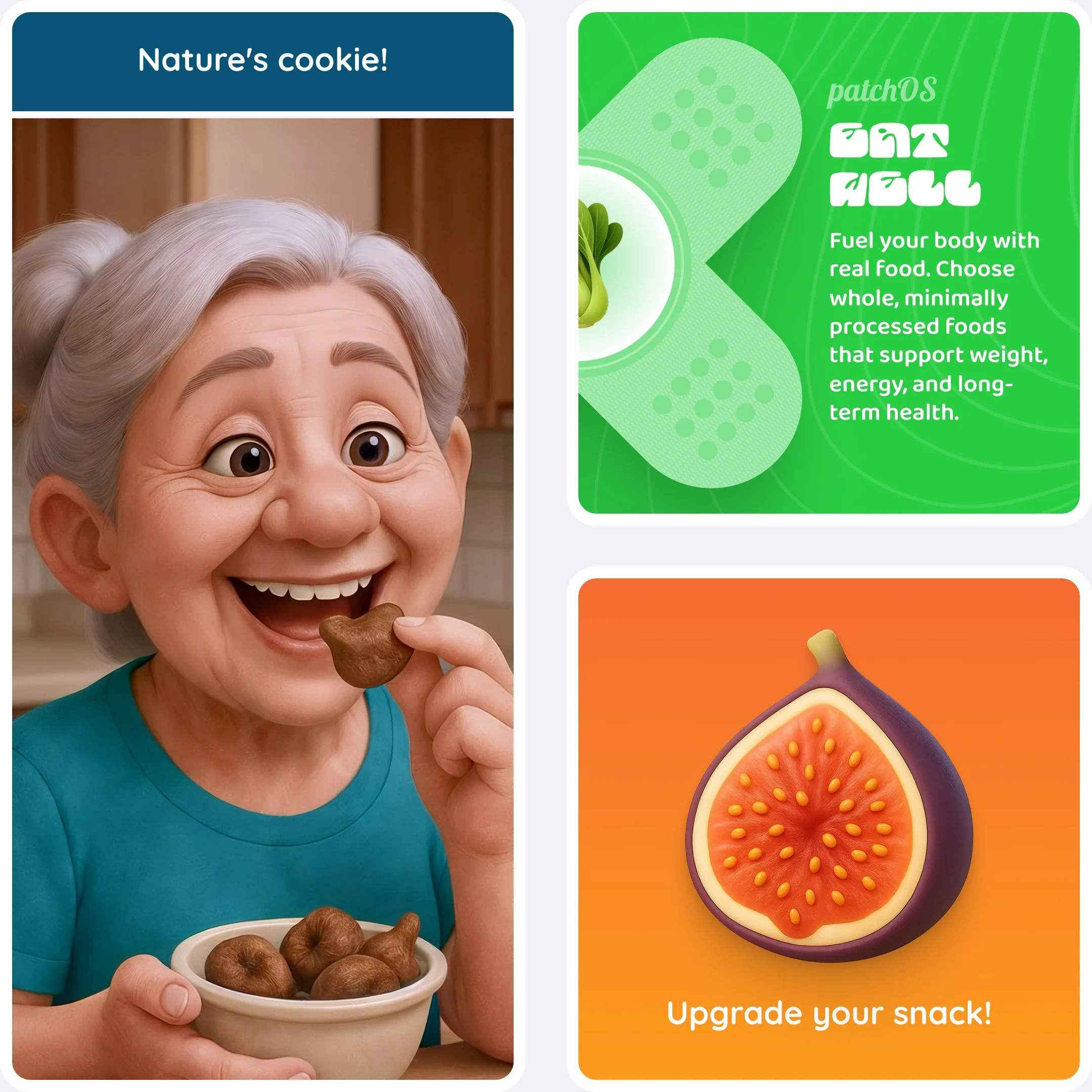  Older woman happily eating dried figs from a bowl, next to a bright graphic of a sliced fig with the words “Upgrade your snack.” 