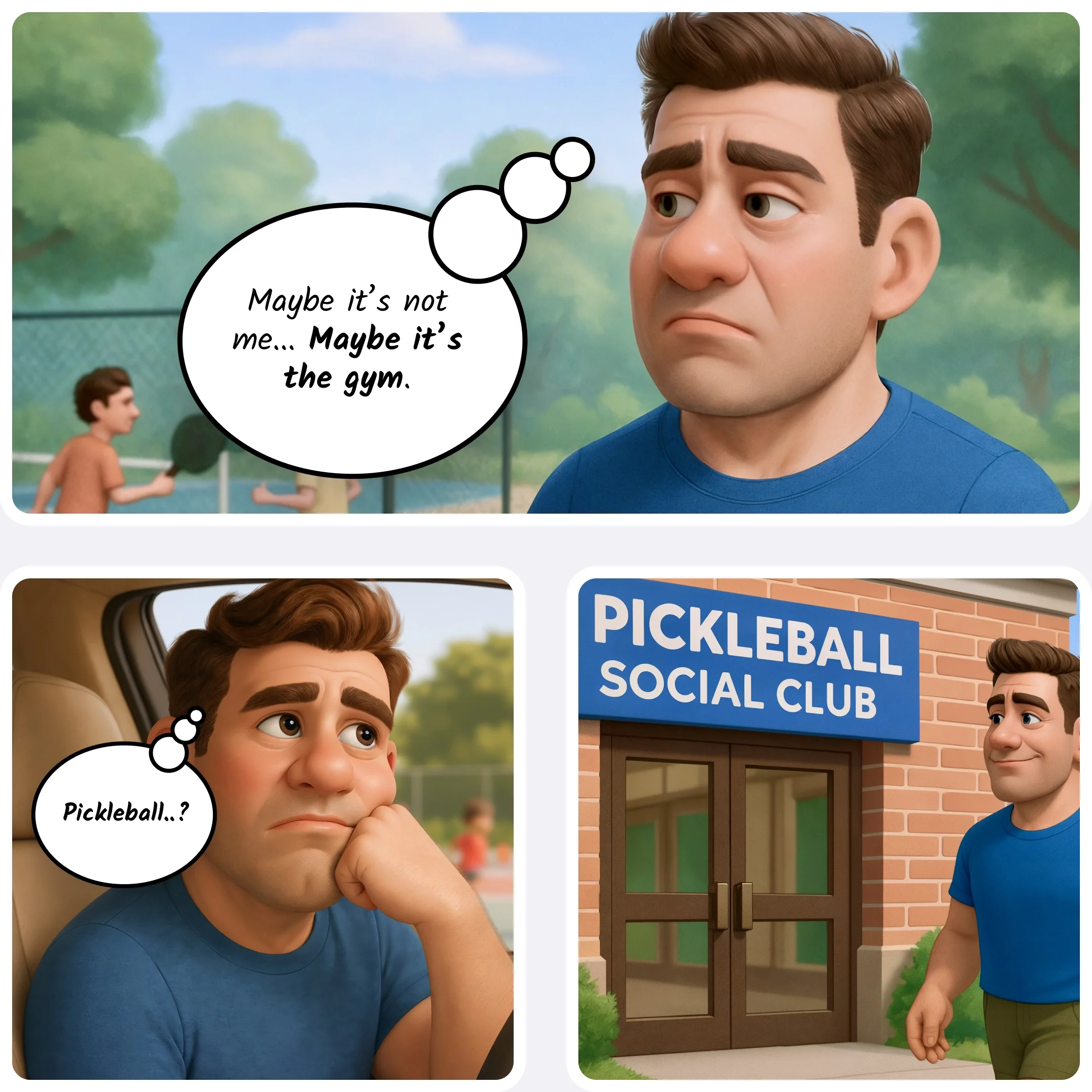  Man looks discouraged, questions whether the gym fits him, then notices a pickleball social club. 