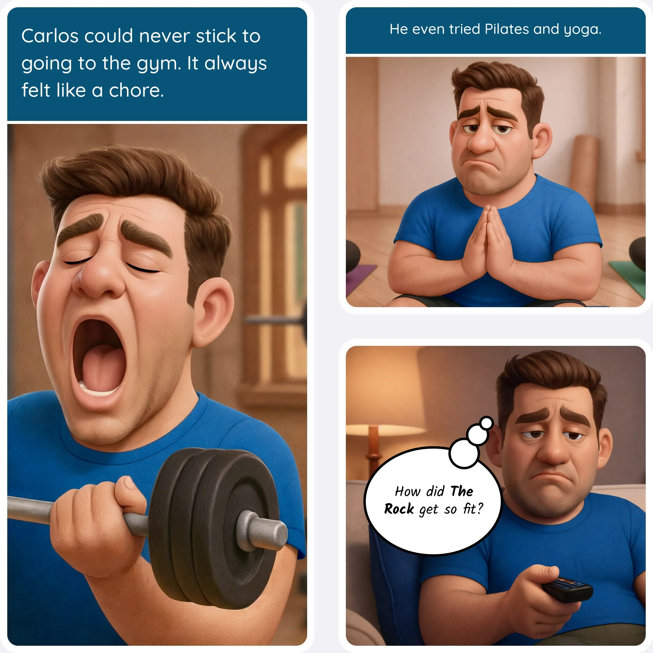  Man struggles through gym workouts, looking bored and exhausted as he lifts weights. 