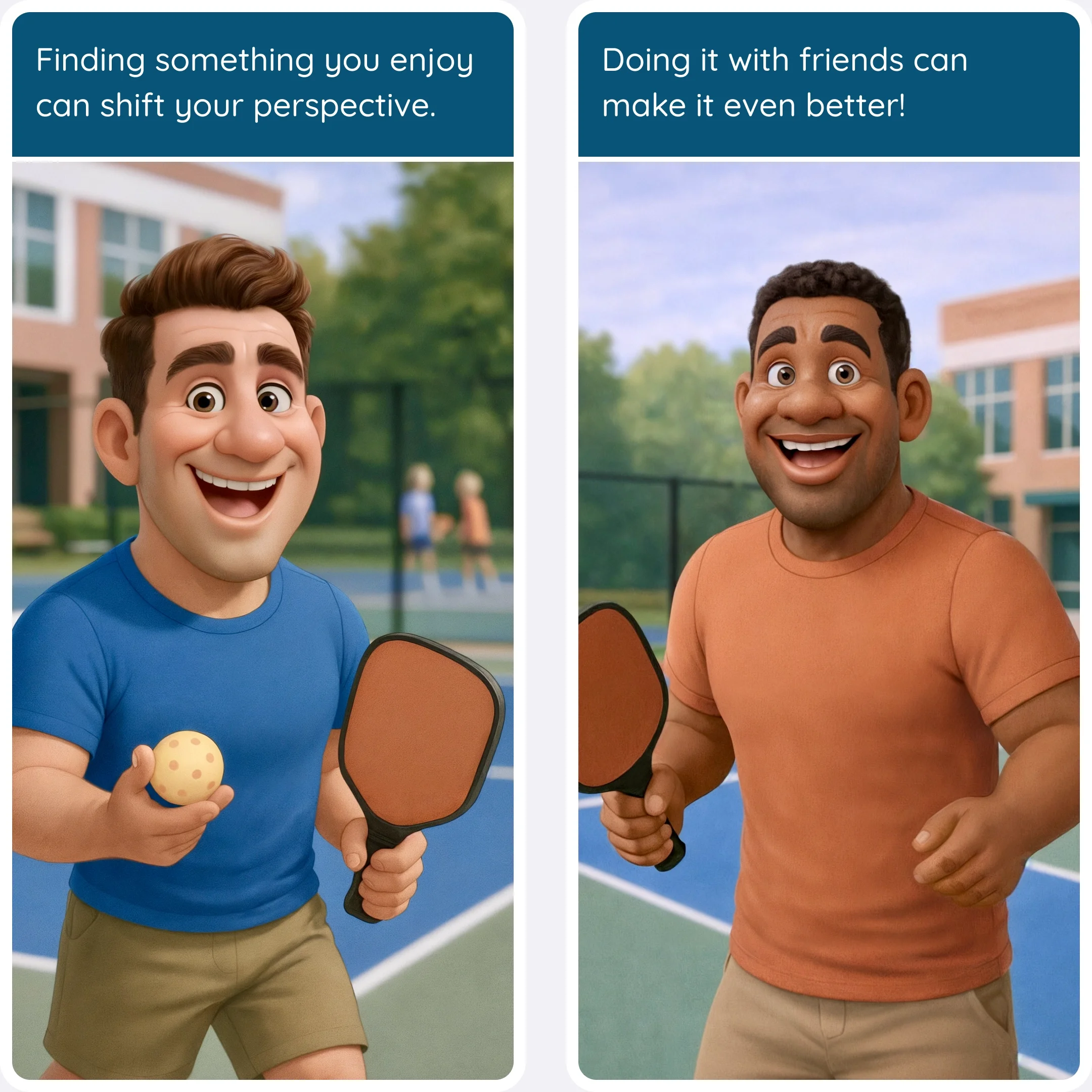  Man smiles while holding a pickleball paddle and ball, then plays happily with a friend outdoors. 