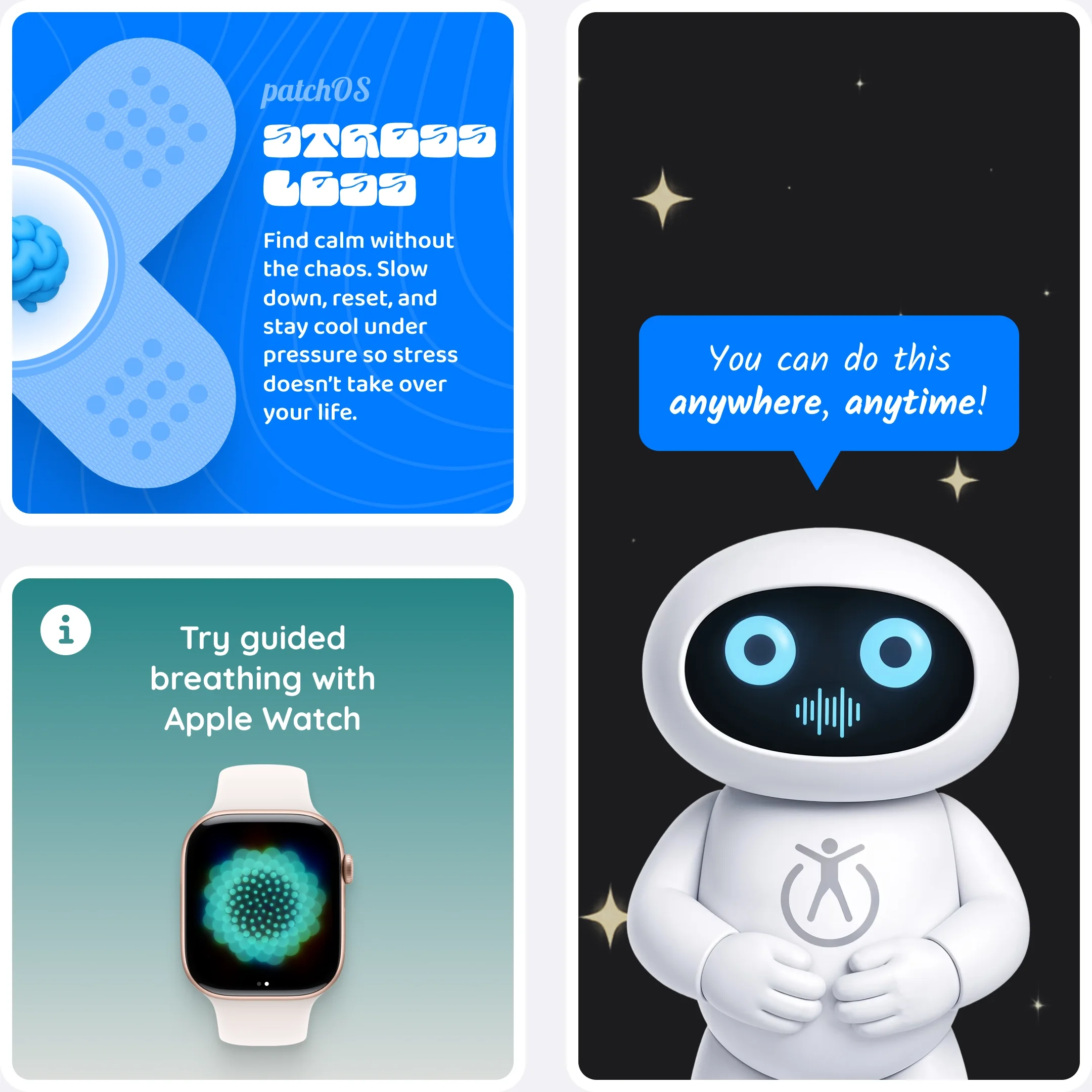  PatchBot appears beside Apple Watch, promoting calm and guided breathing with a message that mindfulness can be done anywhere. 