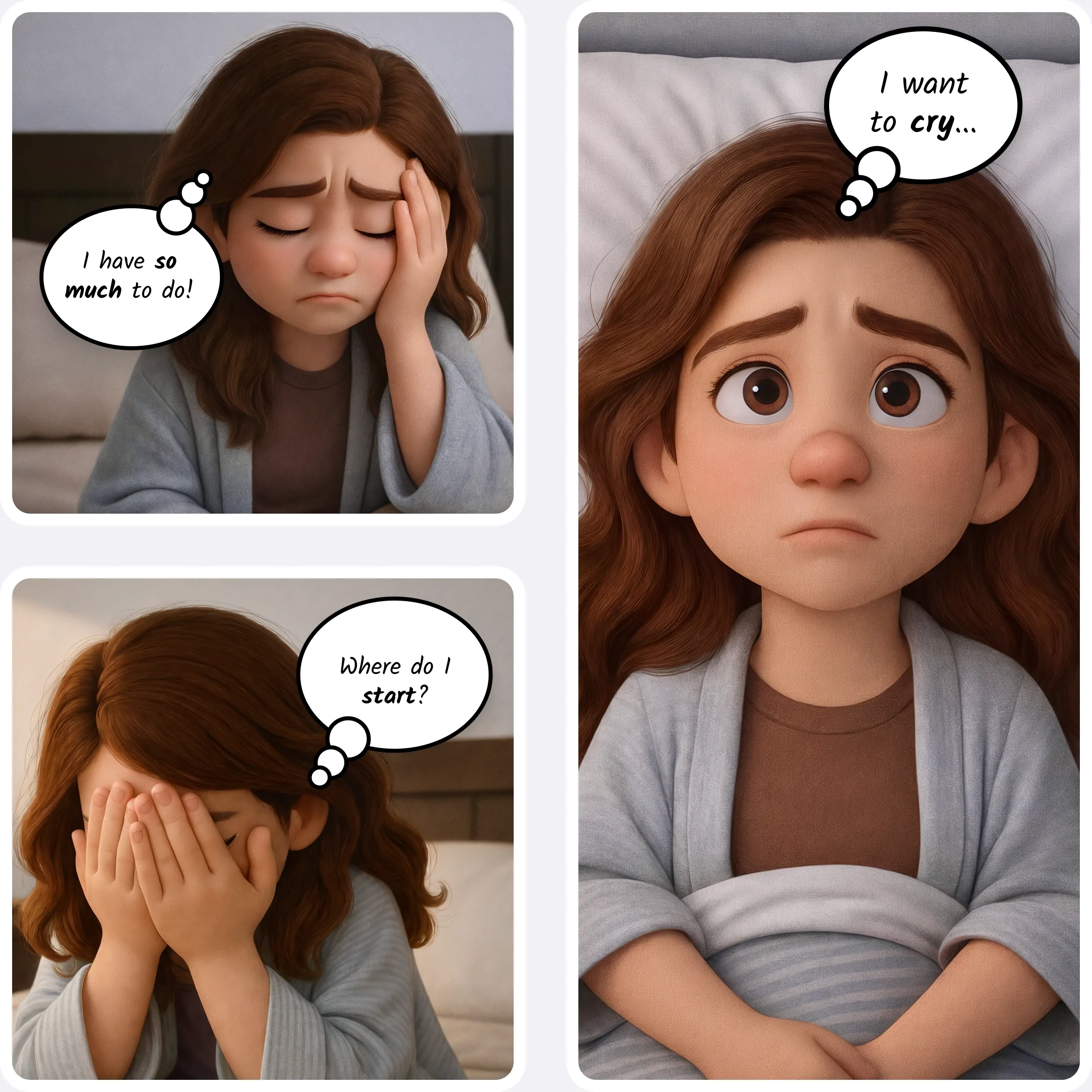  Stressed girl sitting on a bed with worried thought bubbles about having too much to do and not knowing where to start. 