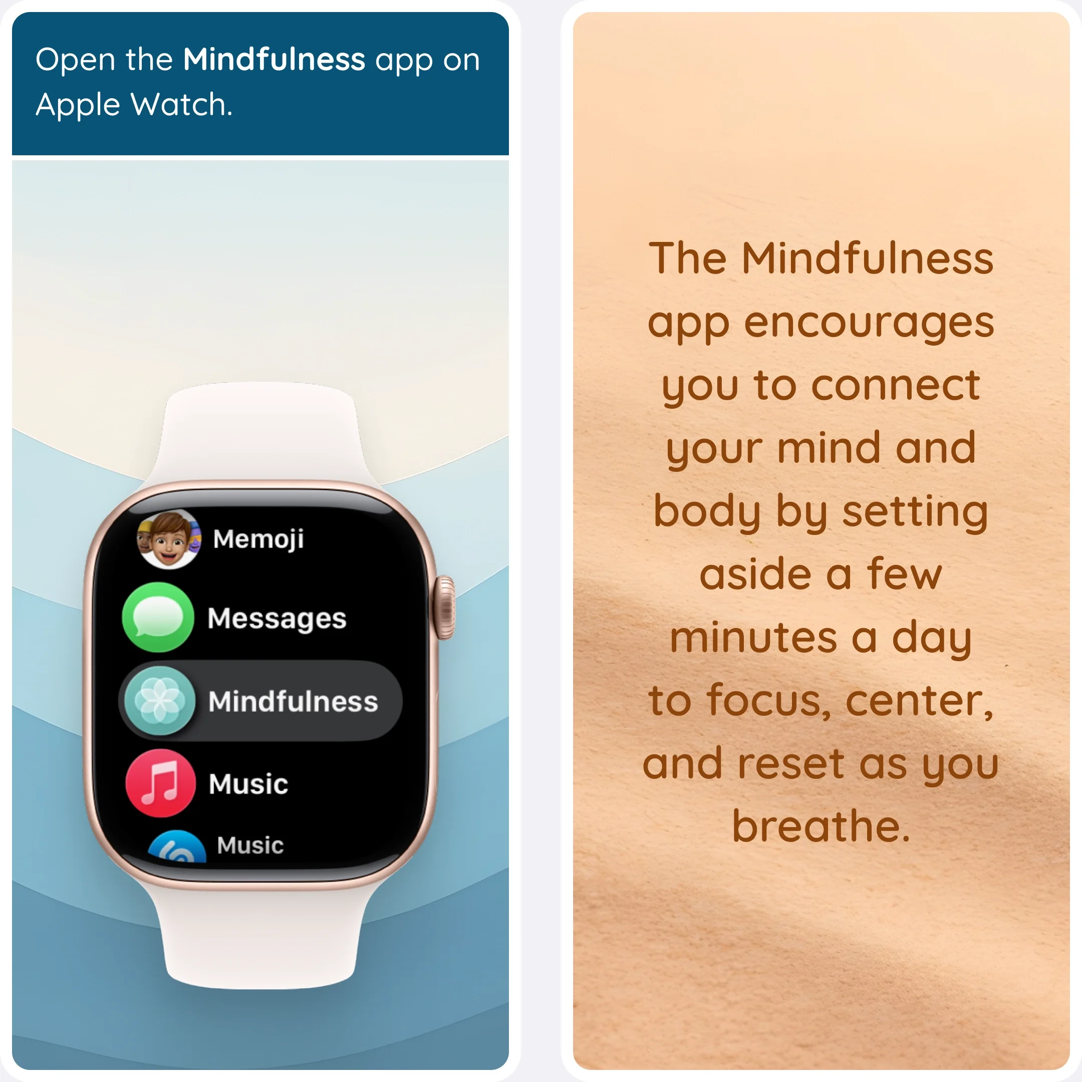  Apple Watch screen showing the Mindfulness app with a panel explaining daily breathing helps focus and reset. 