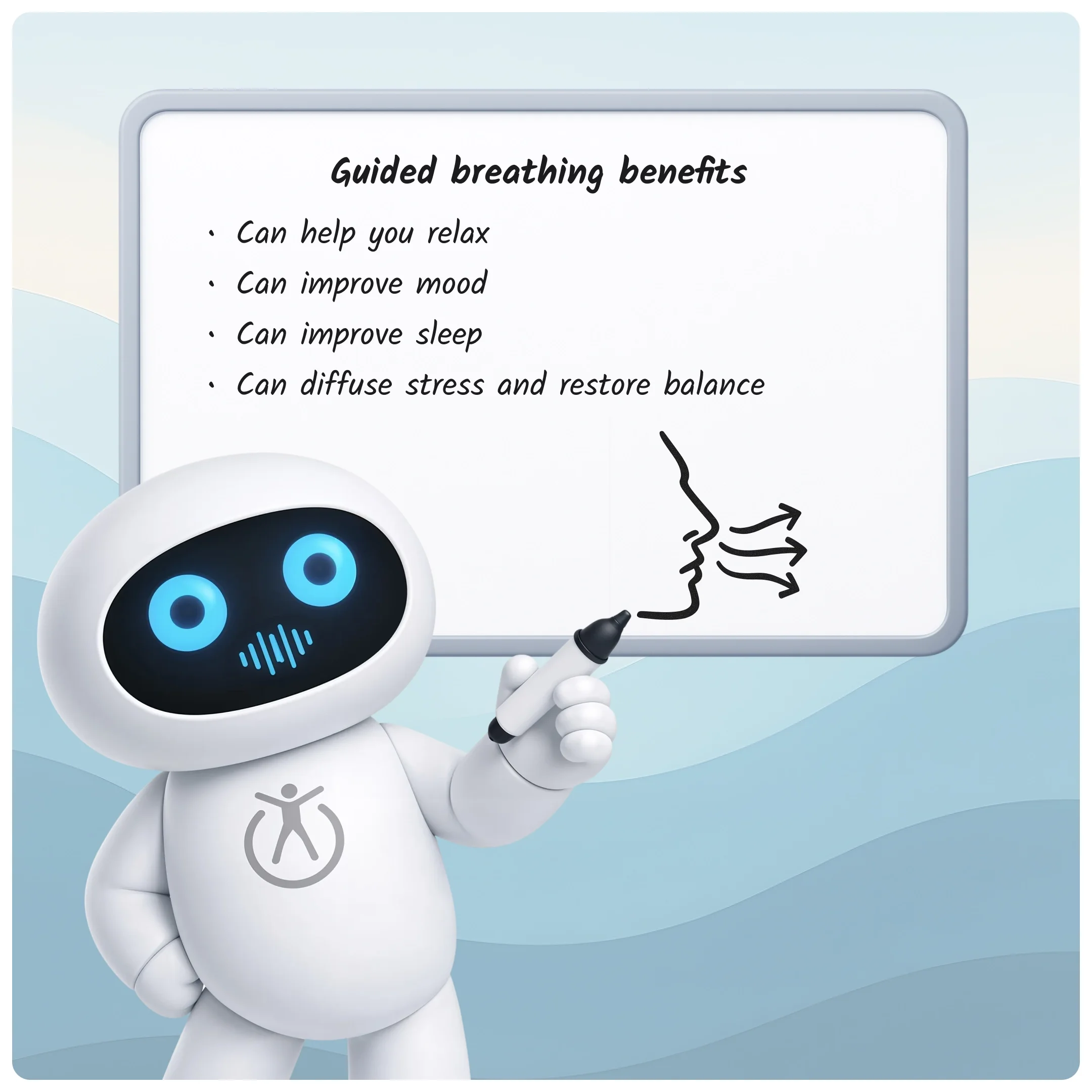  PatchBot teaches guided breathing benefits on a whiteboard, including relaxation, improved mood, better sleep, and stress reduction. 