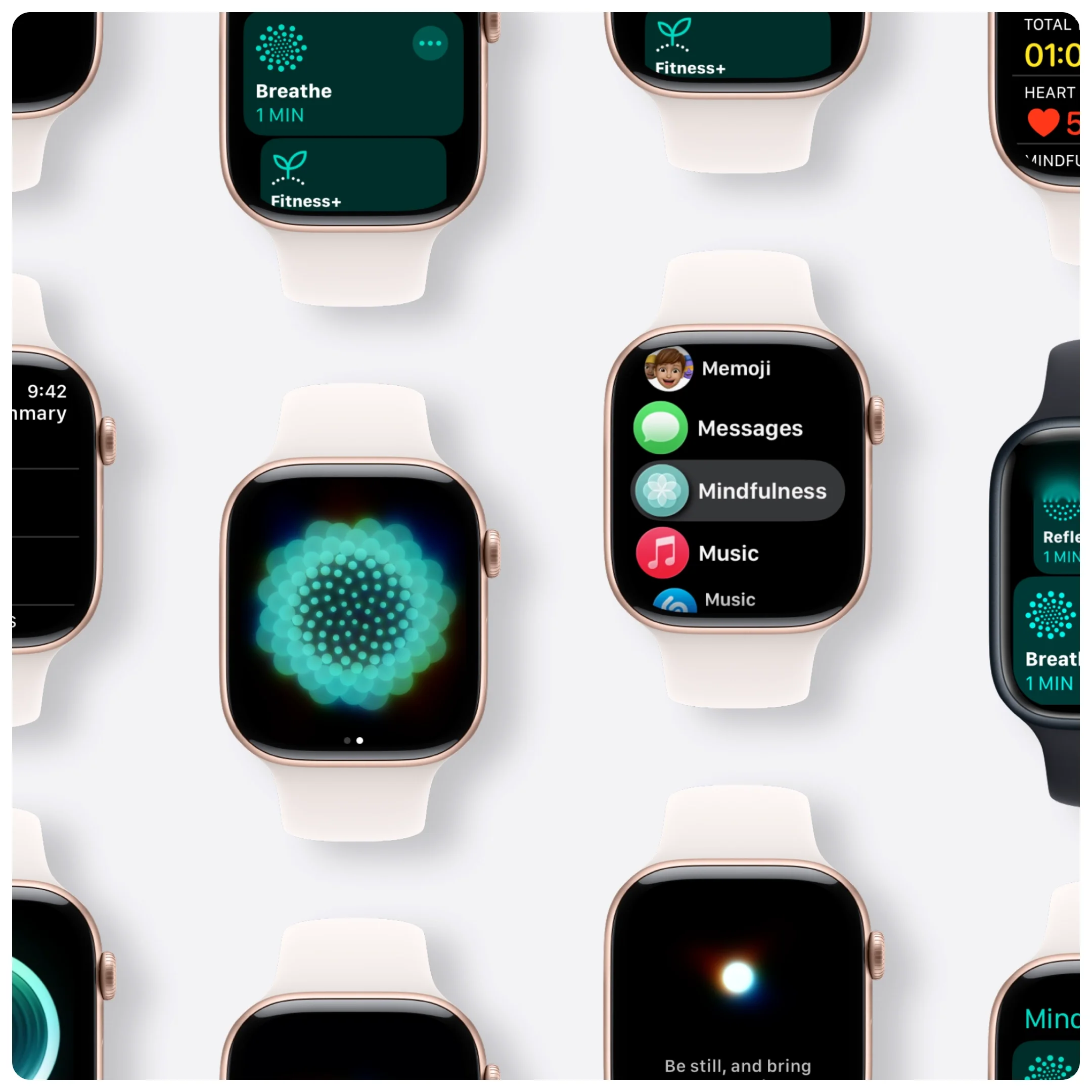  Pattern of Apple Watch screens featuring the Mindfulness and Breathe apps. 