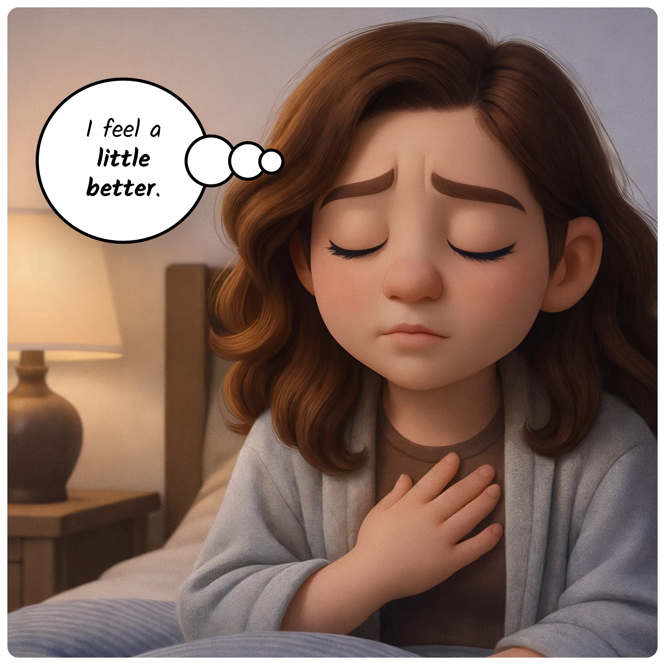  Girl resting with eyes closed and hand on chest, looking calmer with a thought bubble saying she feels a little better. 