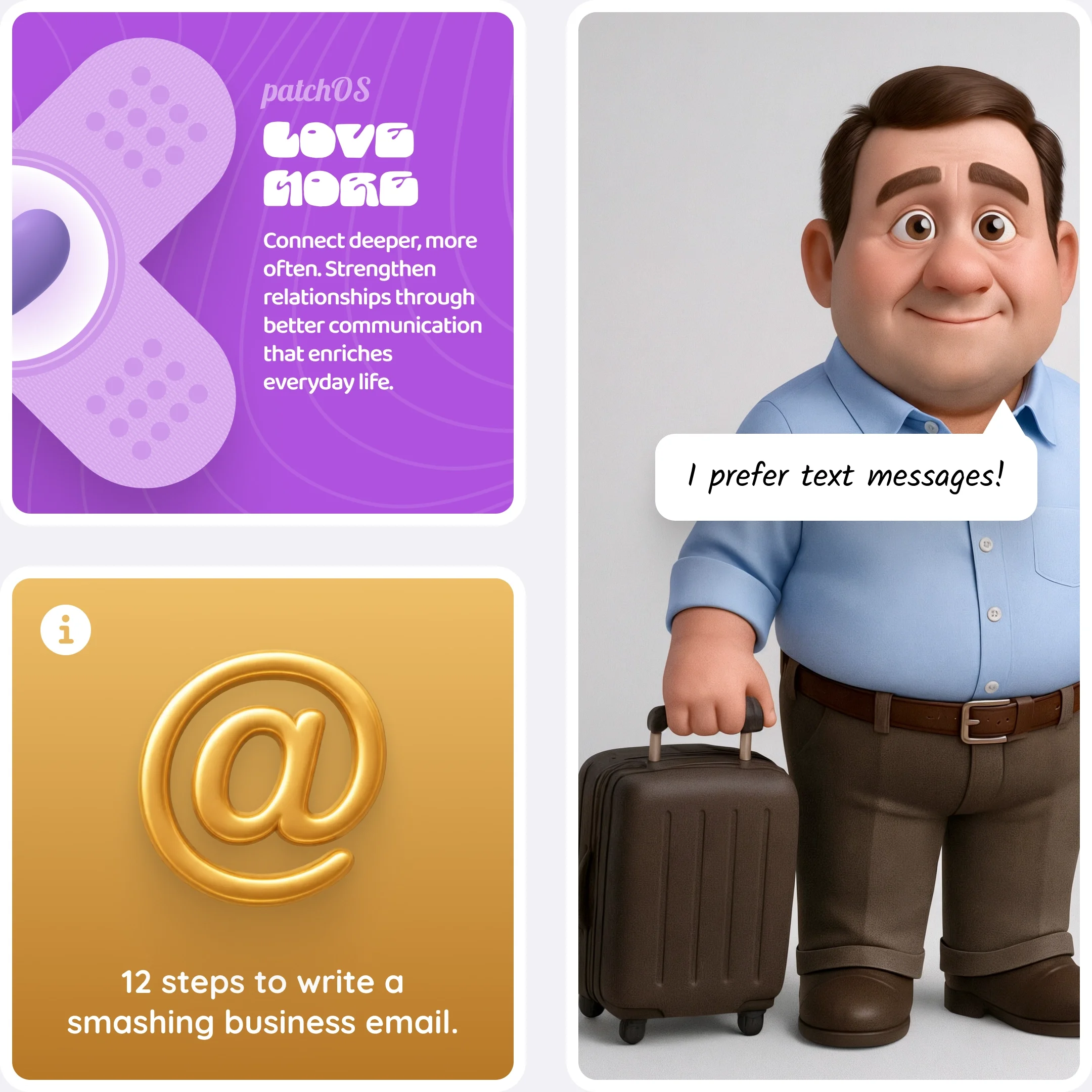  patchOS Love More card, an @ symbol tile about writing a smashing business email, and a man holding luggage saying he prefers text messages. 