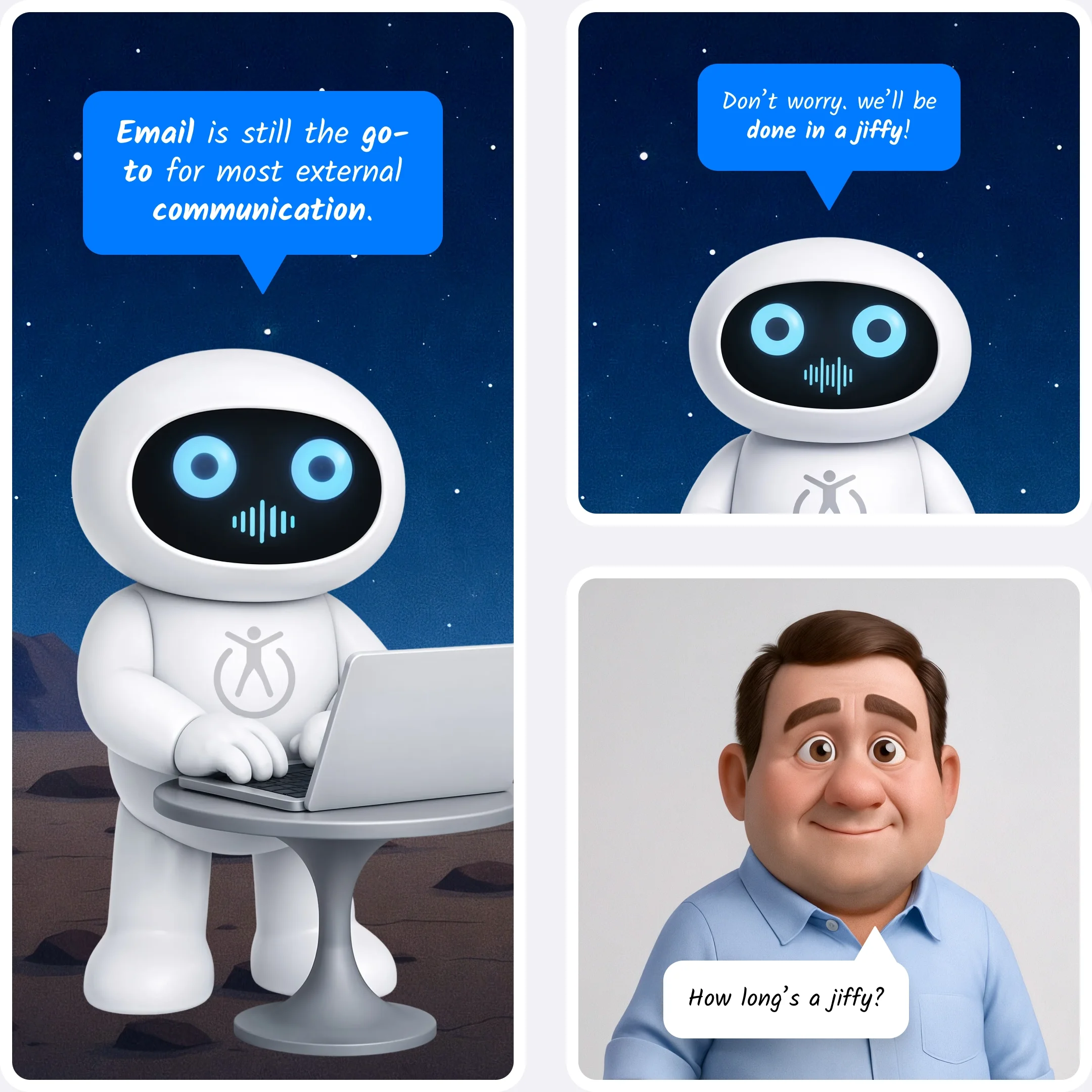  Robot explaining that email is still the main tool for communication, while a character asks how long a “jiffy” is. 