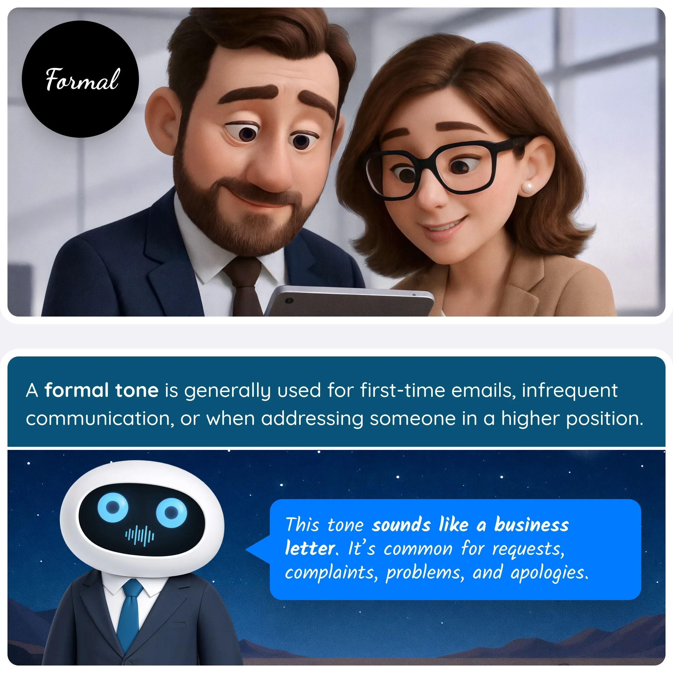  Formal email tone example showing two professionals looking at a phone and a robot explaining when to use formal tone. 