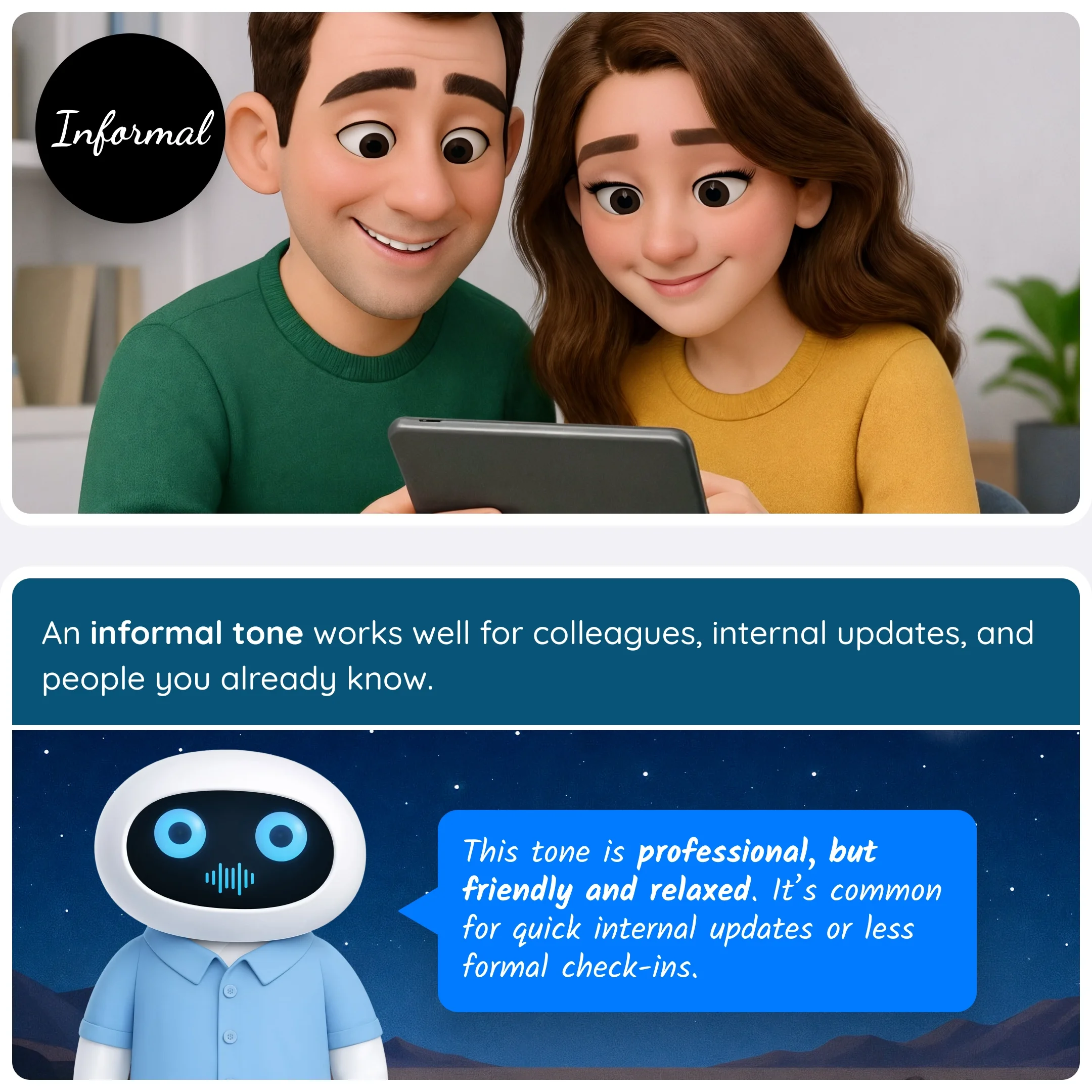  Informal email tone example showing coworkers looking at a tablet and a robot explaining friendly internal communication. 