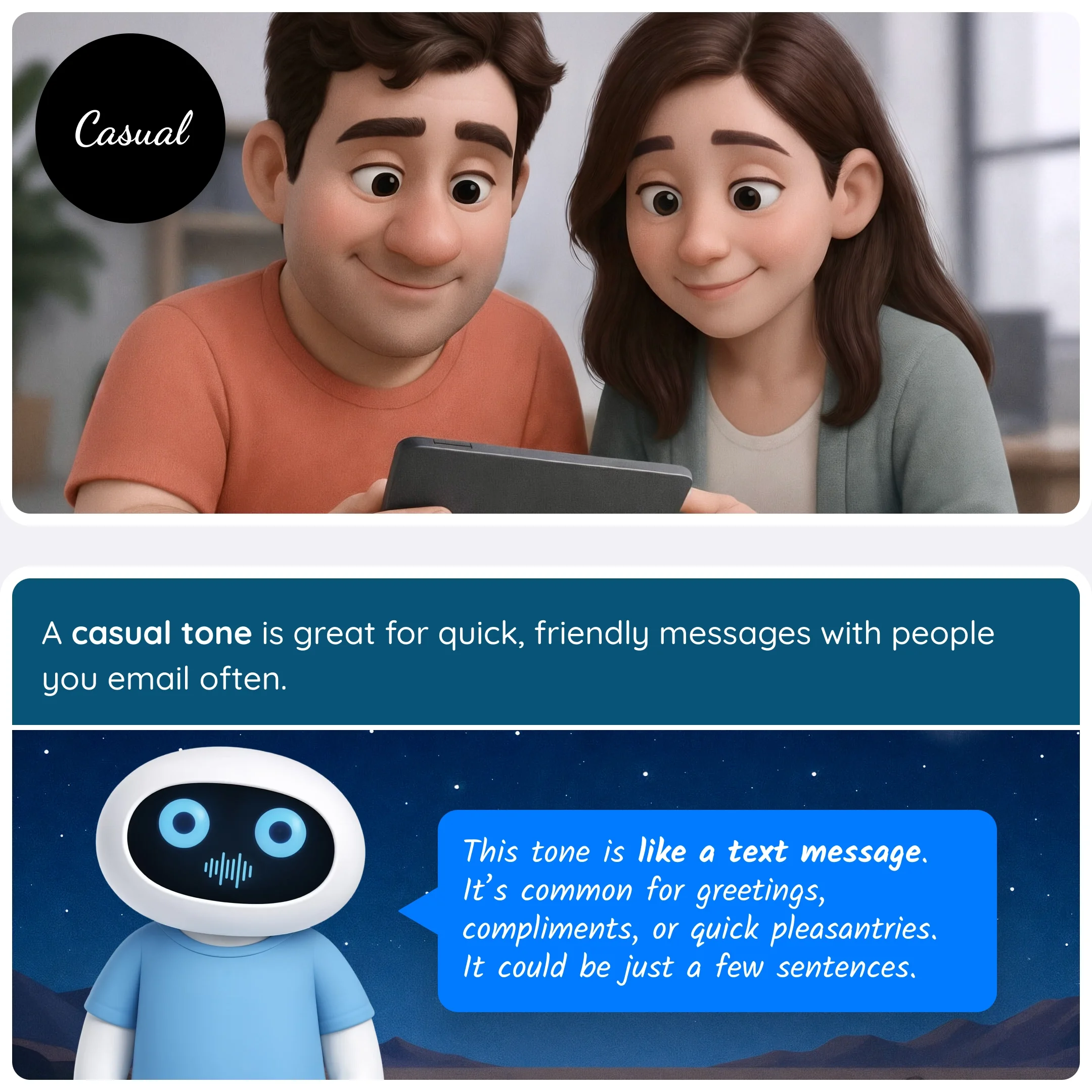  Casual email tone example showing two people looking at a tablet and a robot explaining quick friendly messages. 