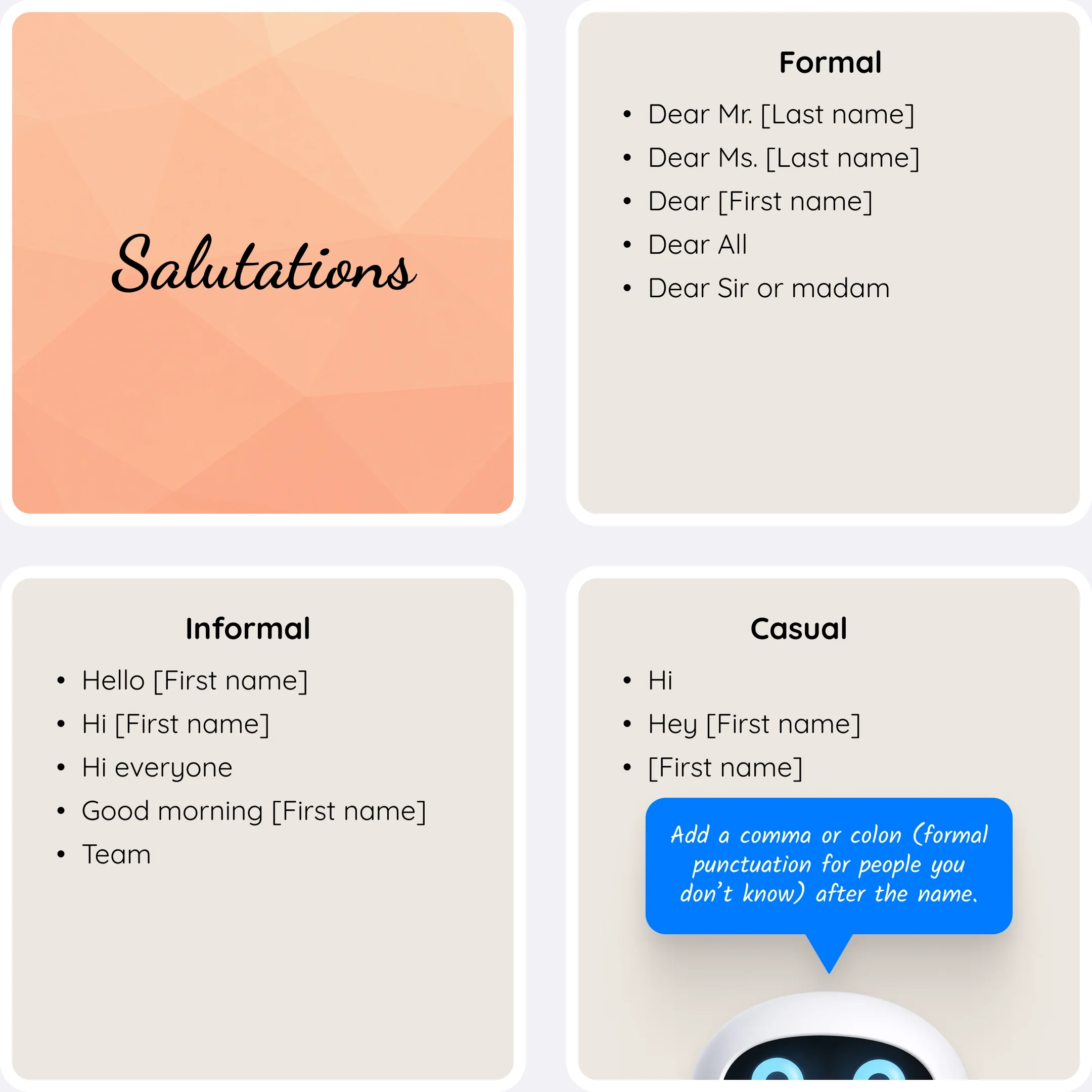 Examples of email salutations categorized into formal, informal, and casual greetings. 