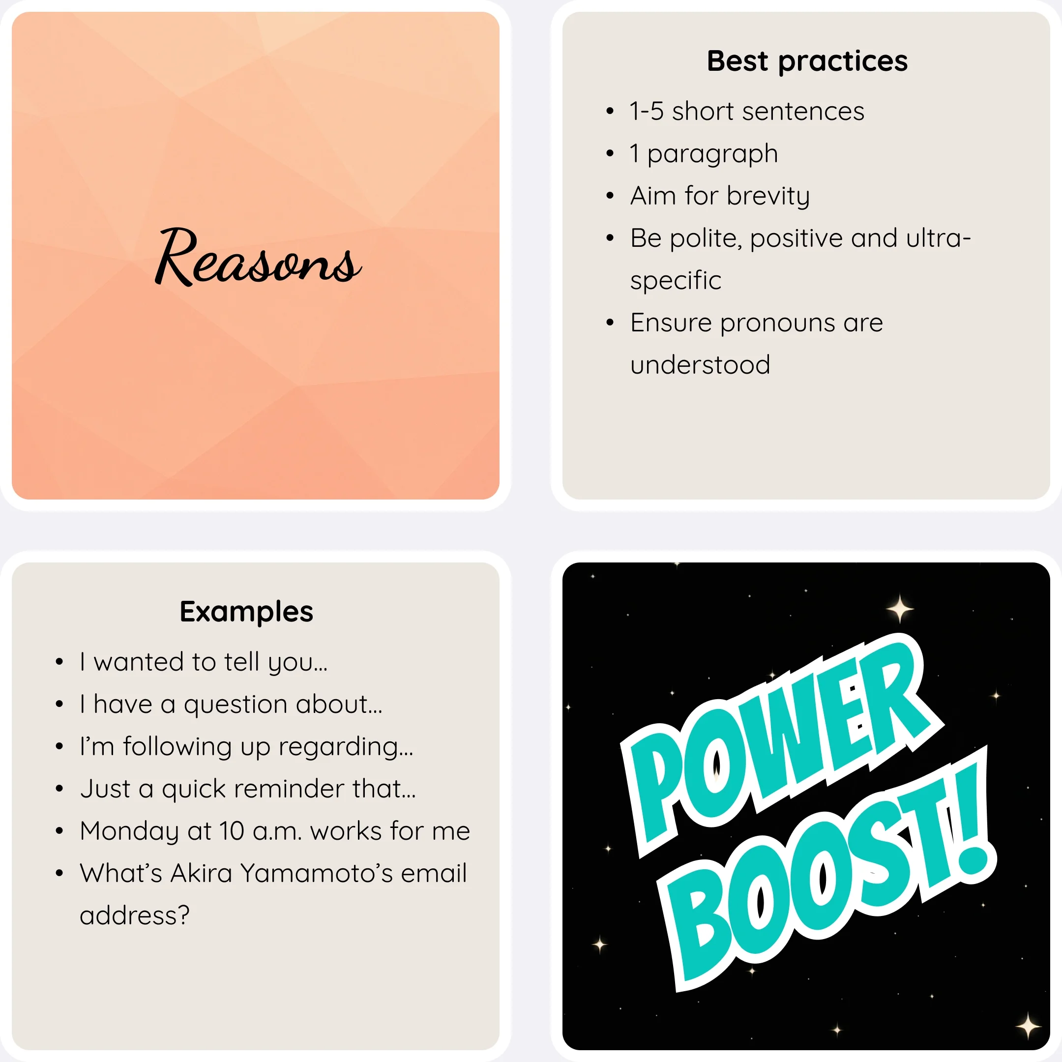  Cards titled Reasons and Best practices with example phrases for clearly stating the purpose of an email and a “Power Boost” graphic. 