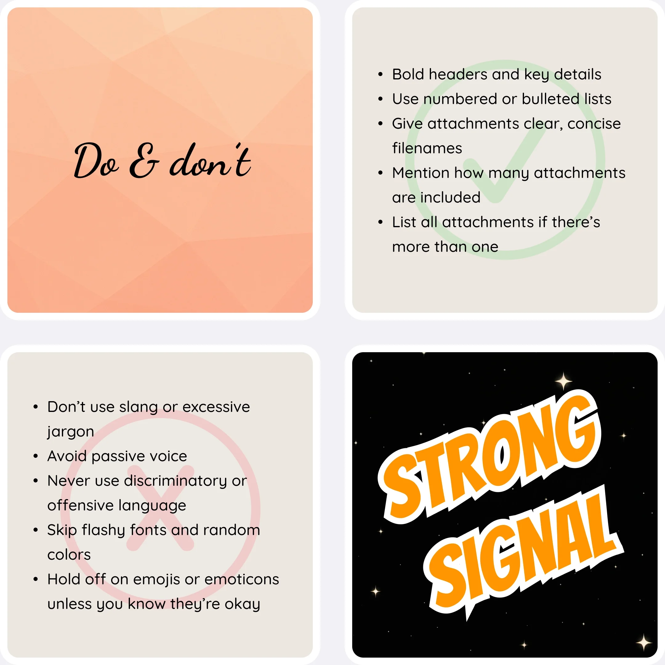  “Do &amp; don’t” card listing email writing tips and mistakes to avoid with a “Strong Signal” graphic. 