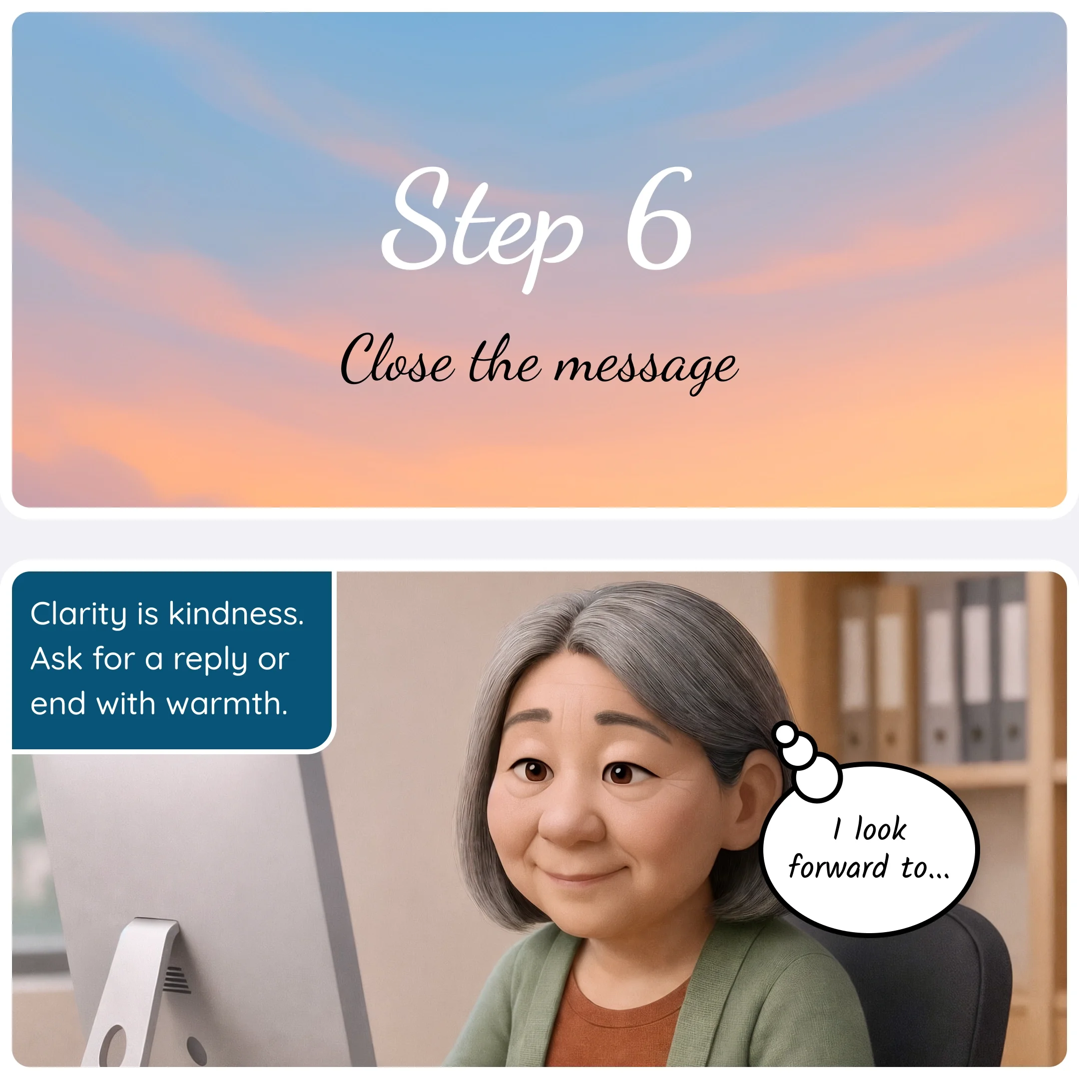  Step 6 card “Close the message” with a panel explaining that clarity and warmth help encourage a reply. 