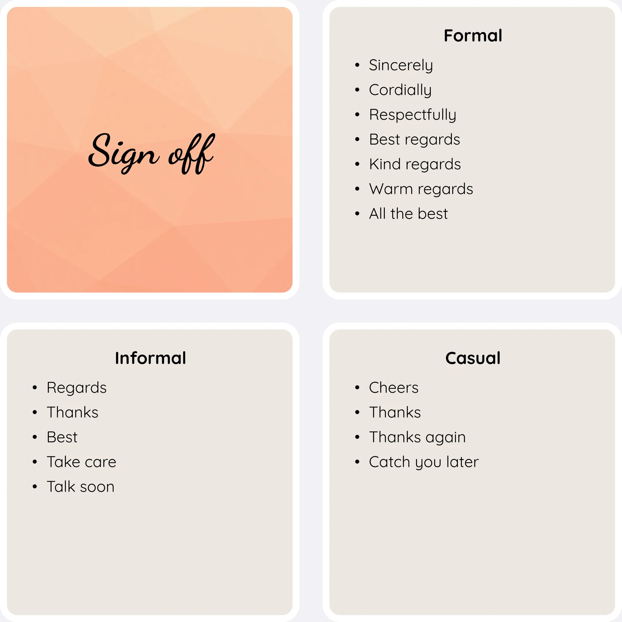  Sign-off examples organized into formal, informal, and casual closing phrases. 