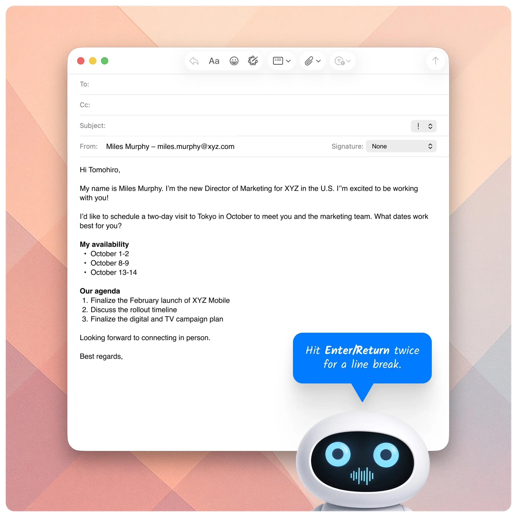  Email compose window showing a completed message with a closing sign-off while a robot suggests adding line breaks before the signature. 