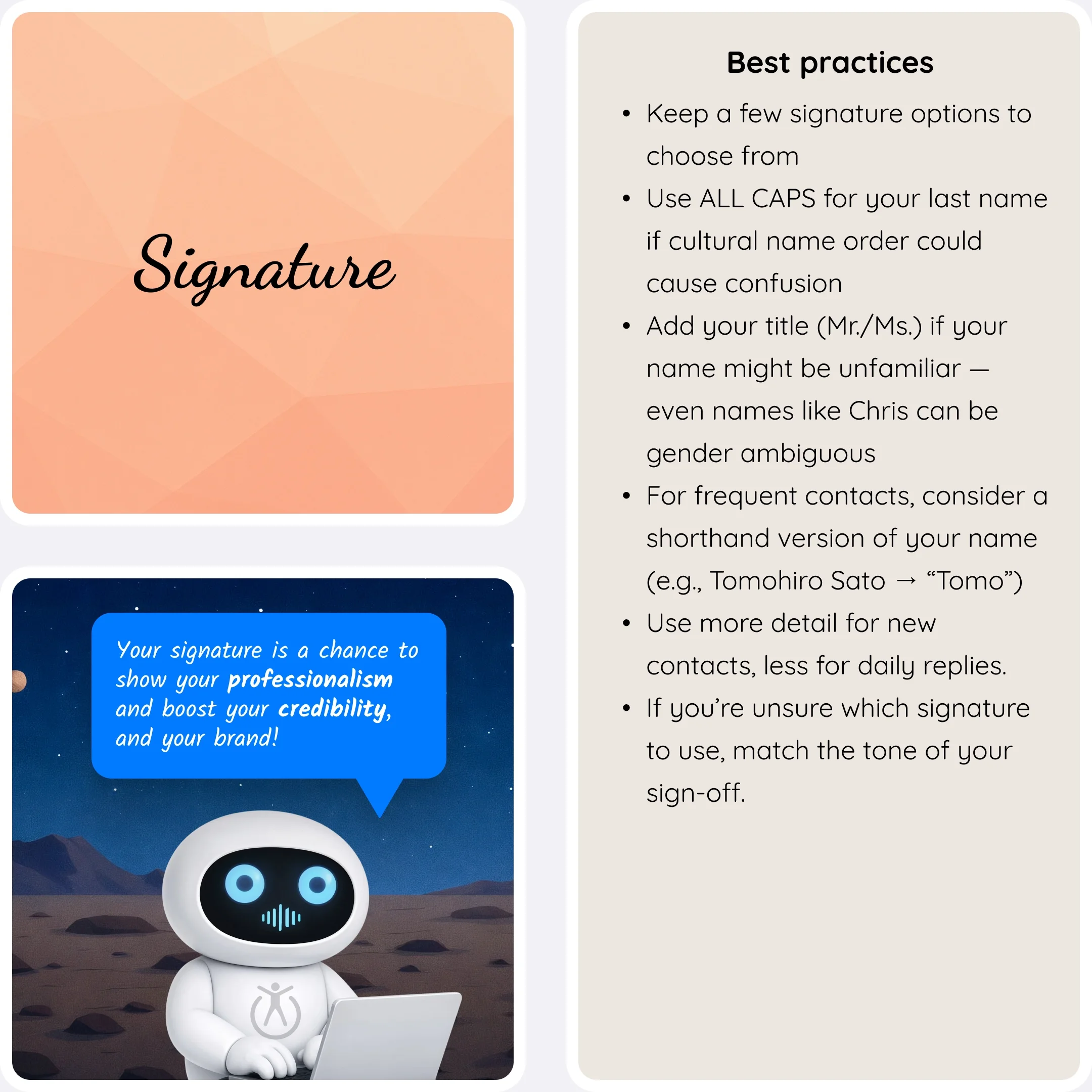  Signature best practices card with a robot explaining that a signature reinforces professionalism and credibility. 