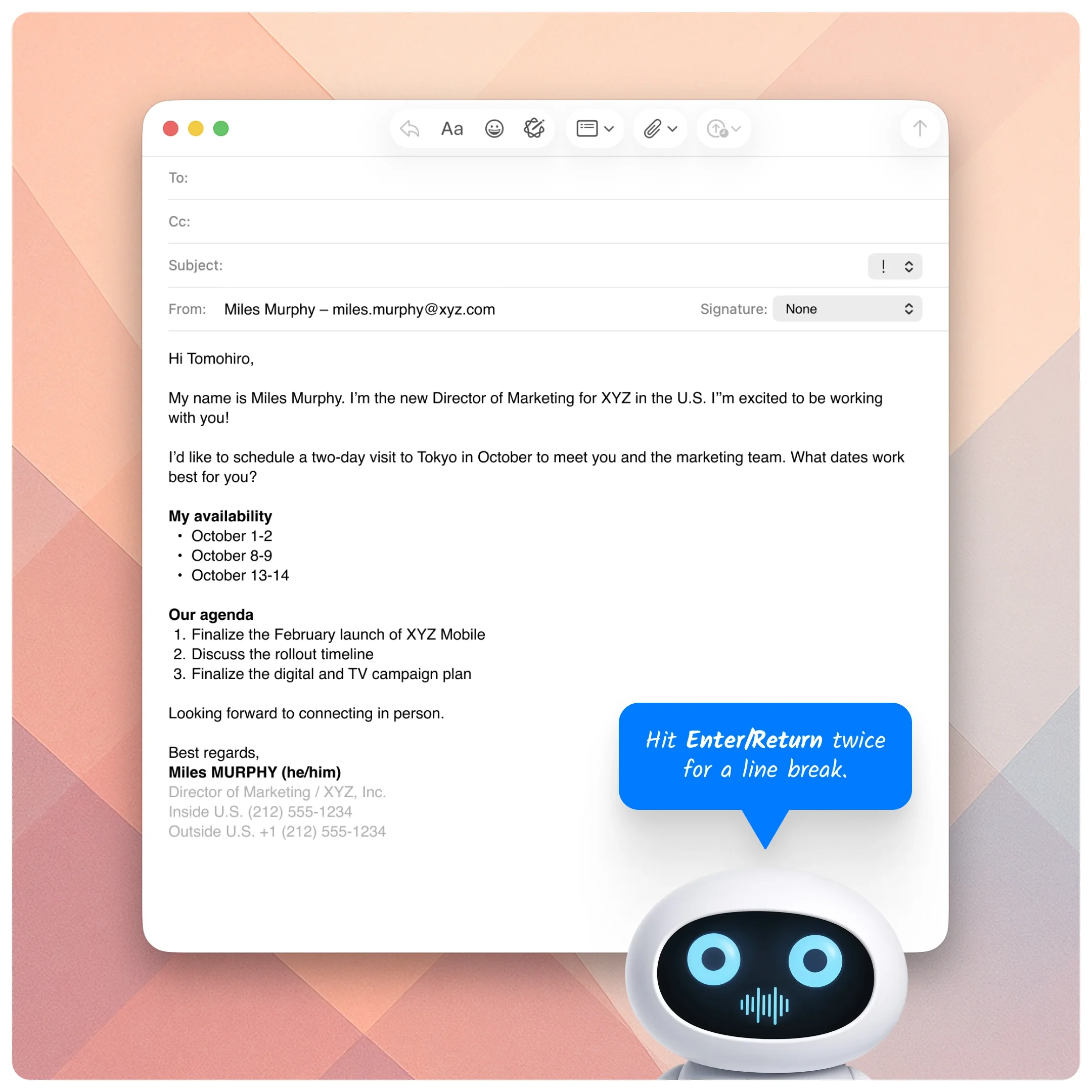  Email compose window displaying a full email with a detailed professional signature block. 