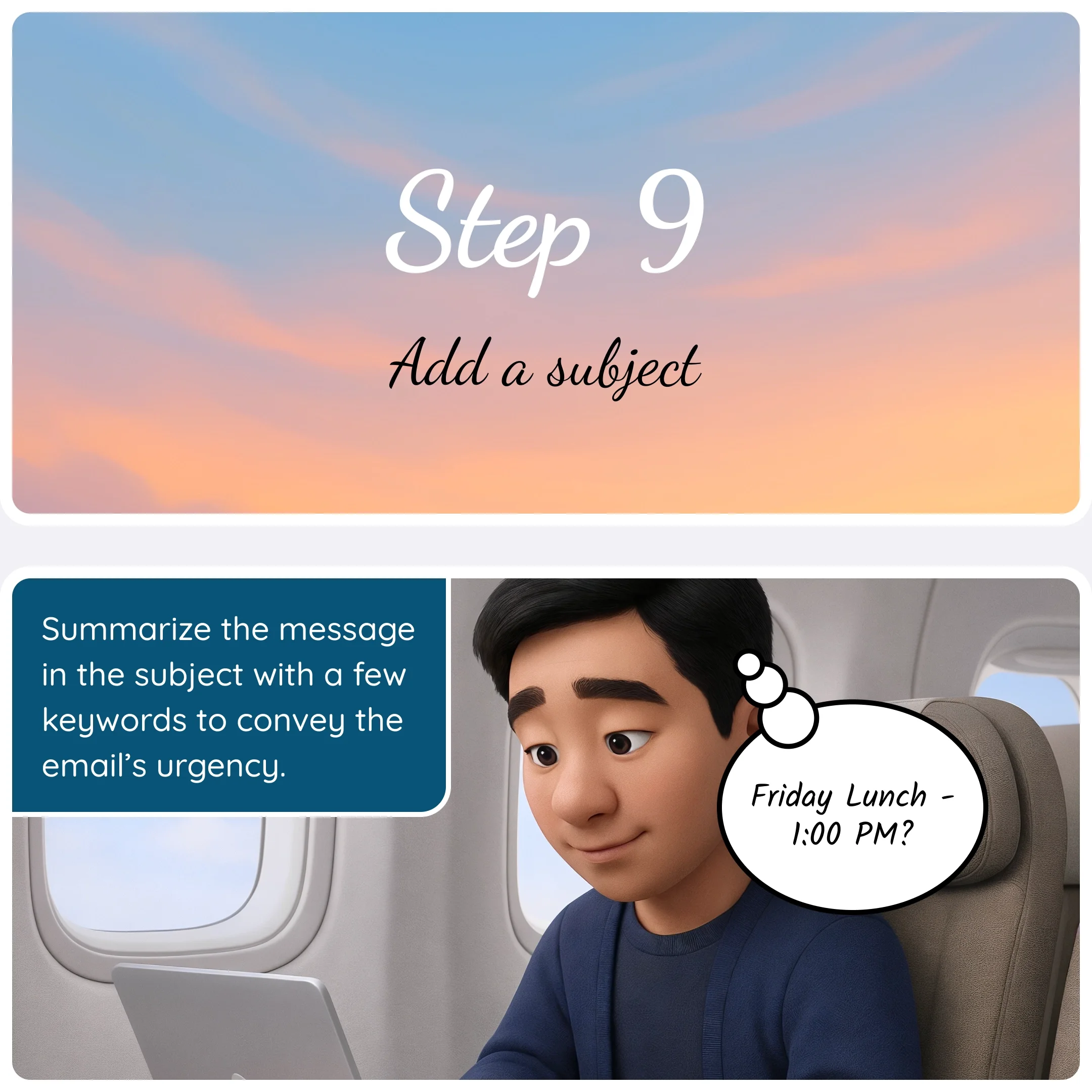  Step 9 card “Add a subject” with a panel explaining how to summarize the email using a short subject line. 