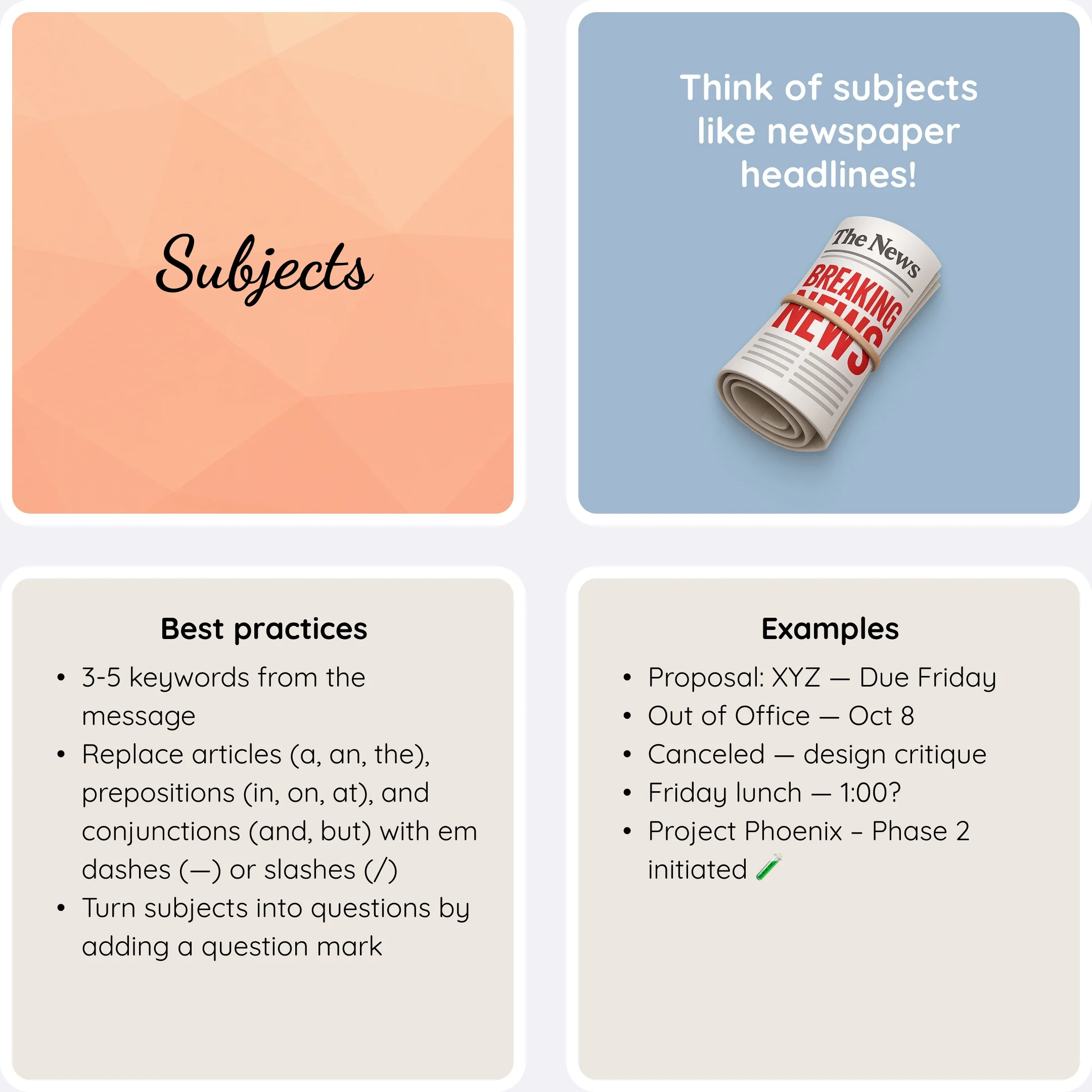  Subject line best practices and examples showing short descriptive email subjects. 