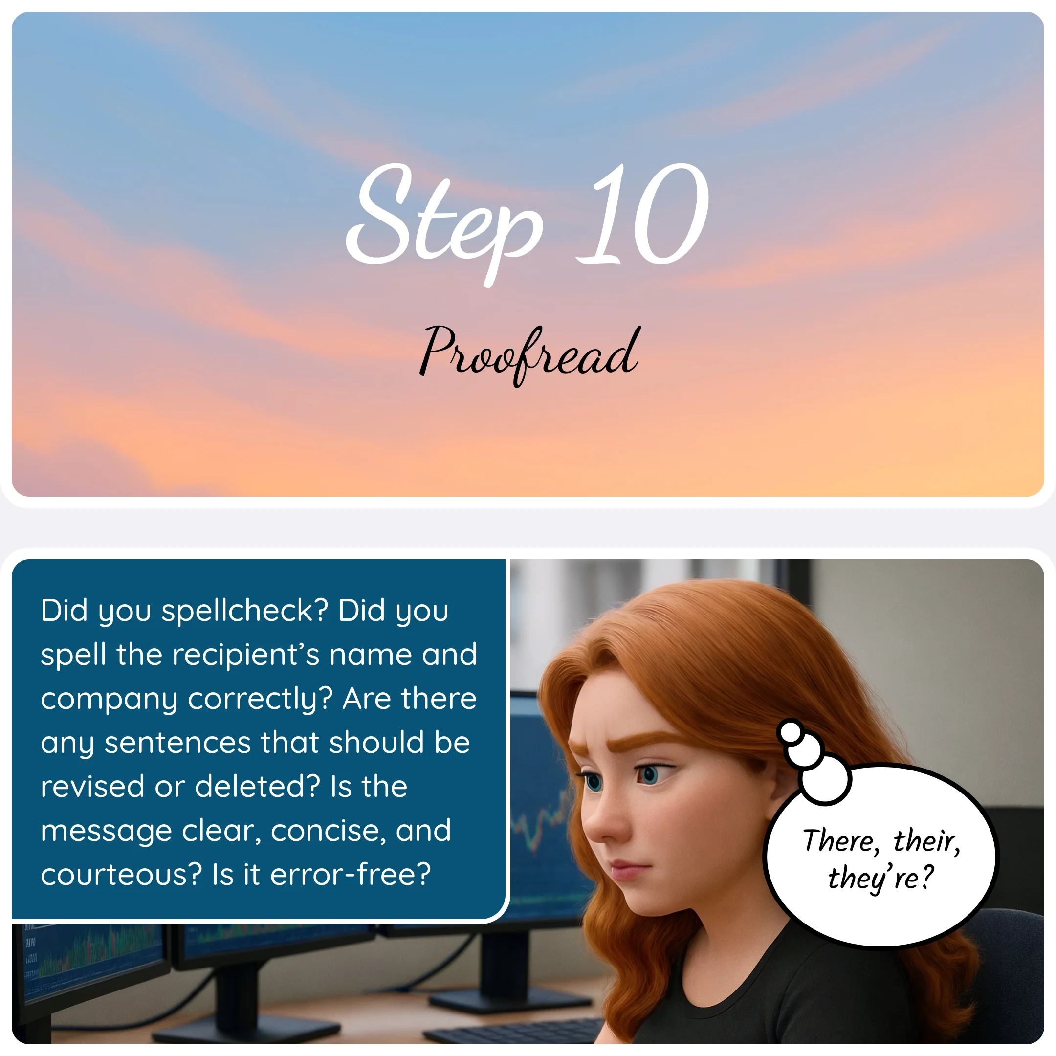  Step 10 card “Proofread” with a panel reminding writers to check spelling, grammar, and clarity before sending. 